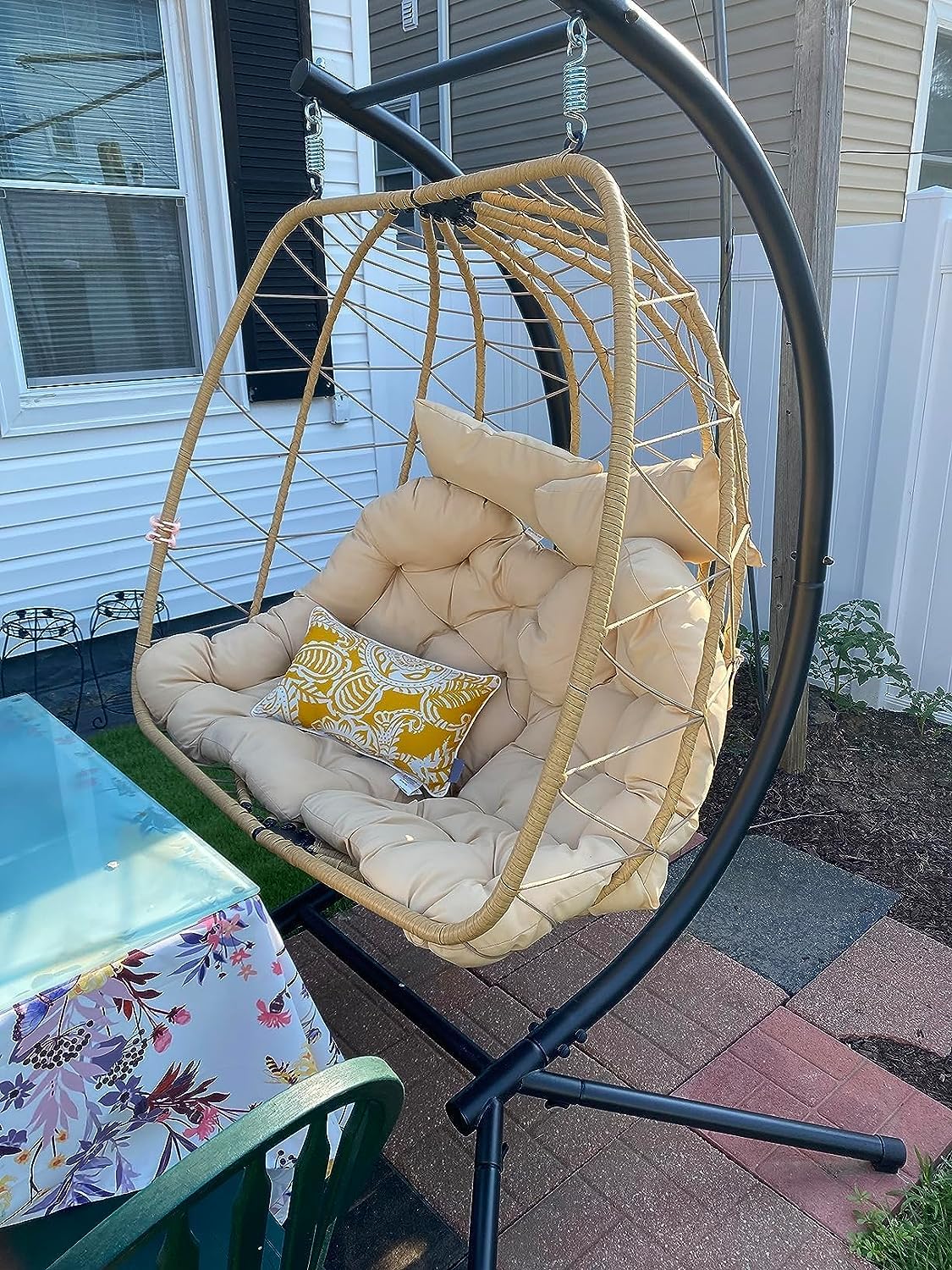 YITAHOME Hanging Egg Chair Swing Chair with Stand Double Egg Chair, 2 Person Wicker Chair Outdoor Indoor Hammock Egg Chair with Cushions 500lbs for Patio, Garden, Bedroom and Balcony, Beige YITAHOME