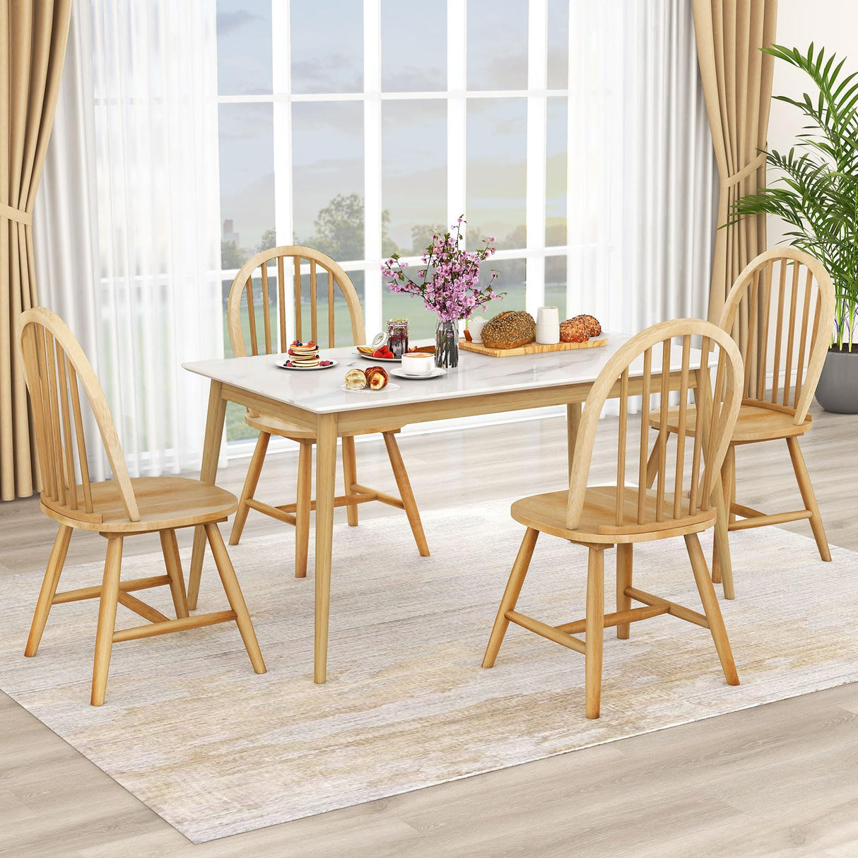 Safeplus 18" Oak Dining Chairs Set of 4, Wood Windsor Chair with Spindle Back for Country Farmhouse Kitchen Island Safeplus