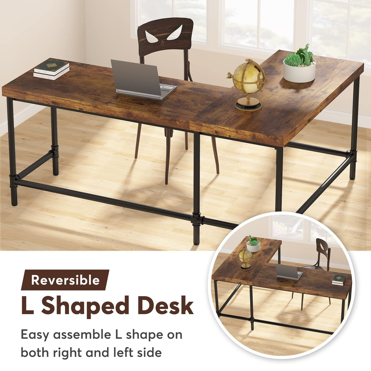 Tribesigns L-Shaped Desk, 67 inch Industrial Reversible Corner Computer Office Desk PC Laptop Study Table Workstation with Metal Pipe Legs for Home Office (Rustic Brown) Tribesigns