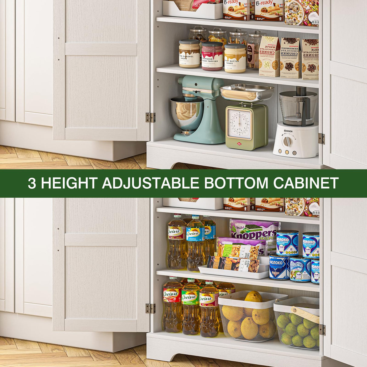 72" Farmhouse Kitchen Pantry Cabinet with Adjustable Shelves and Drawer, Rustic Storage Organizer with Countertop and Door Shelving, Tall Wooden Cupboard for Kitchen, Dining Room, Off White PLYFOU