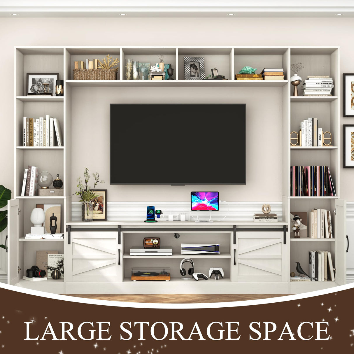 chartustriable 103" Wall Unit TV Stand with Storage for TVs up to 80" Large Farmhouse Wall Unit Entertainment Center w/Sliding Barn Door Cabinets and Power Outlet for Living Room, White chartustriable