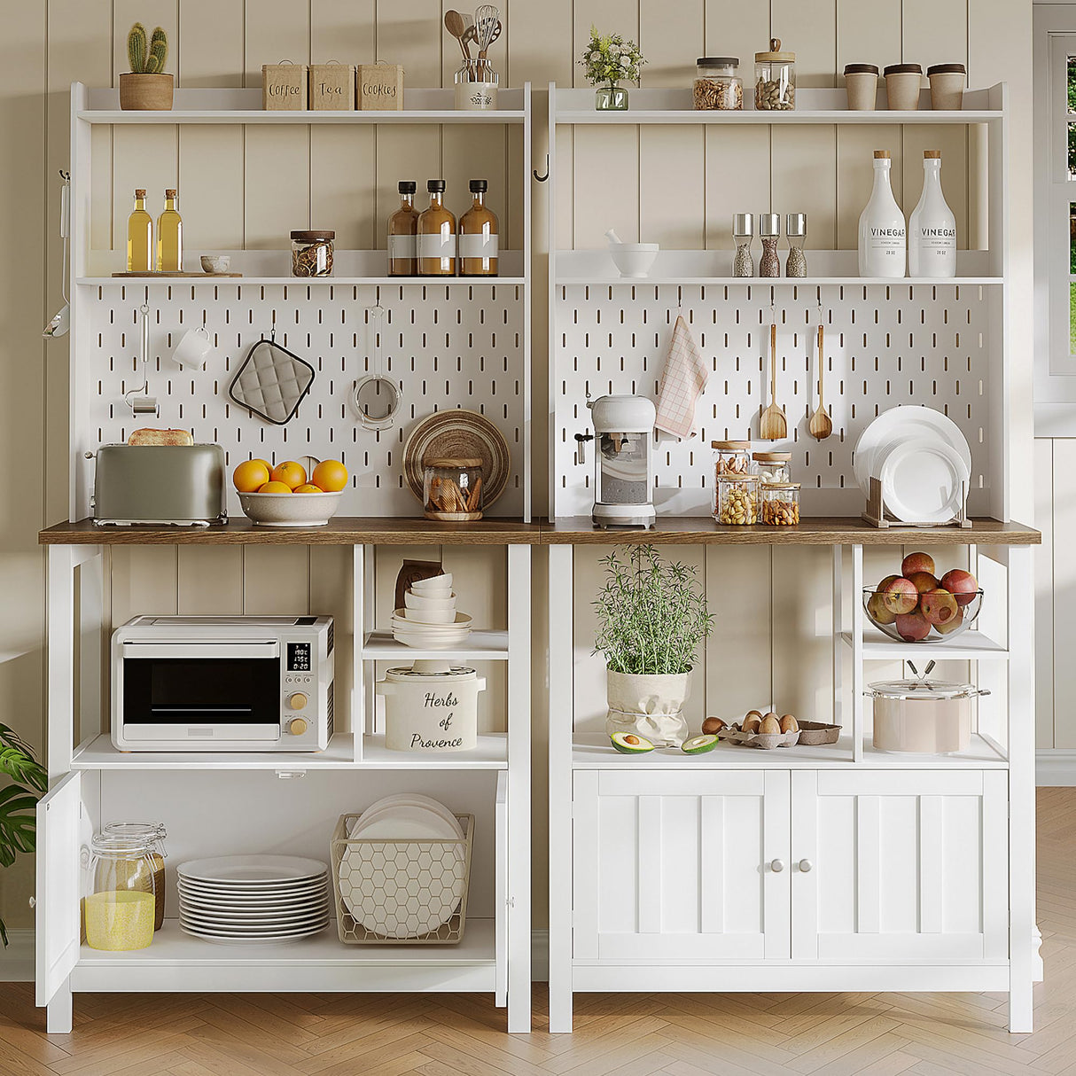 ChooChoo Pantry Cabinet with Charging Station, Kitchen Storage Cabinet with Microwave Stand, Farmhouse Kitchen Hutch with Storage for Living Room, Dining Room, Soft White ChooChoo