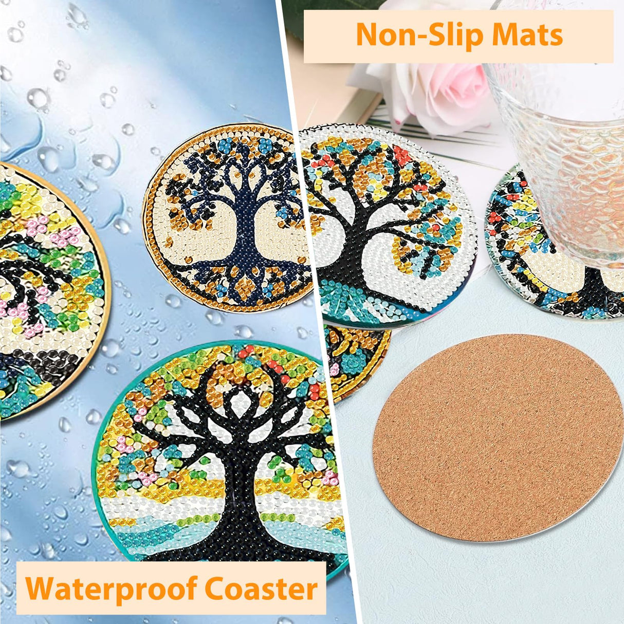 8 PCS Diamond Art Coasters Kits, Tree of Life Diamond Painting Coasters with Holder Set of 8, DIY Diamond Art Painting for Home Decor Birthday Housewarming Gifts 3.9inch Aestalrcus