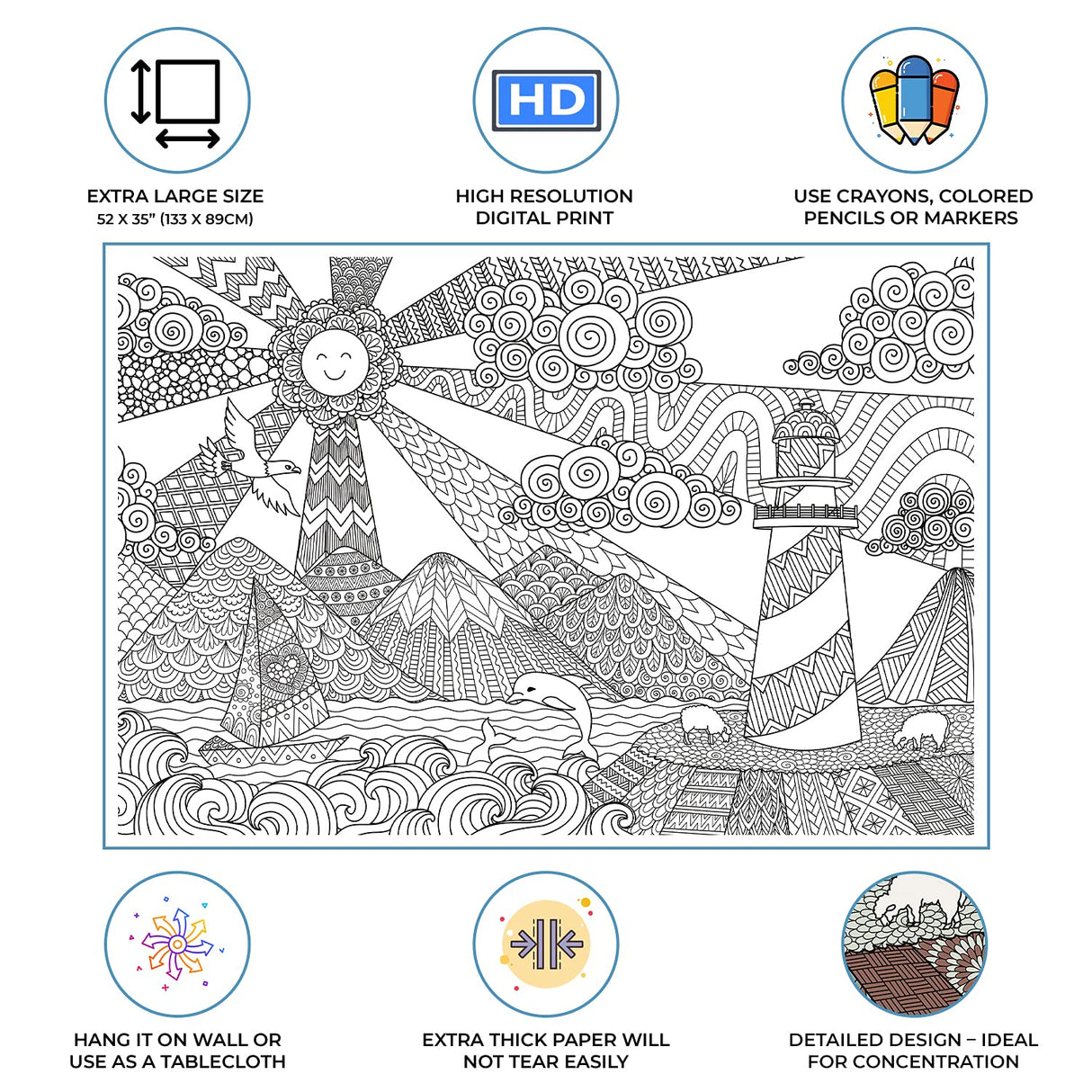 Dekali Designs Seascape Extra Large Coloring Poster for Adults - 35 x 52 Inches Giant Sized on Thick Premium Drawing Paper Dekali Designs