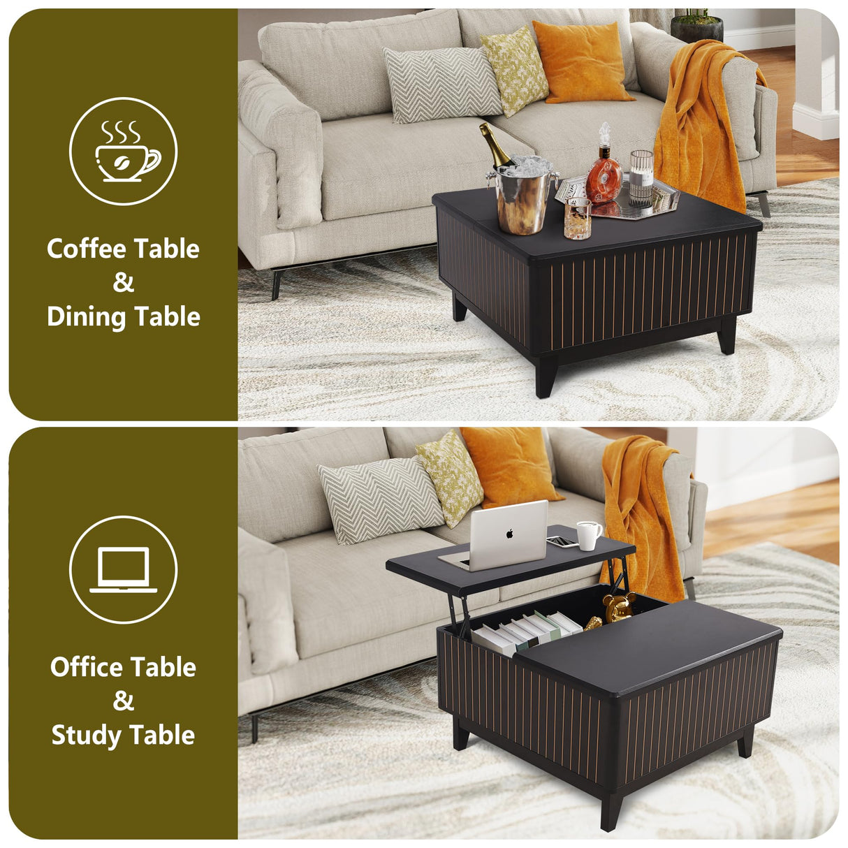 NVETHM Lift Top Coffee Table, Square Coffee Table with Hidden Storage Compartment, Farmhouse Wood Center Table Dining Table for Living Room, Bedroom, Home Office (Black) NVETHM