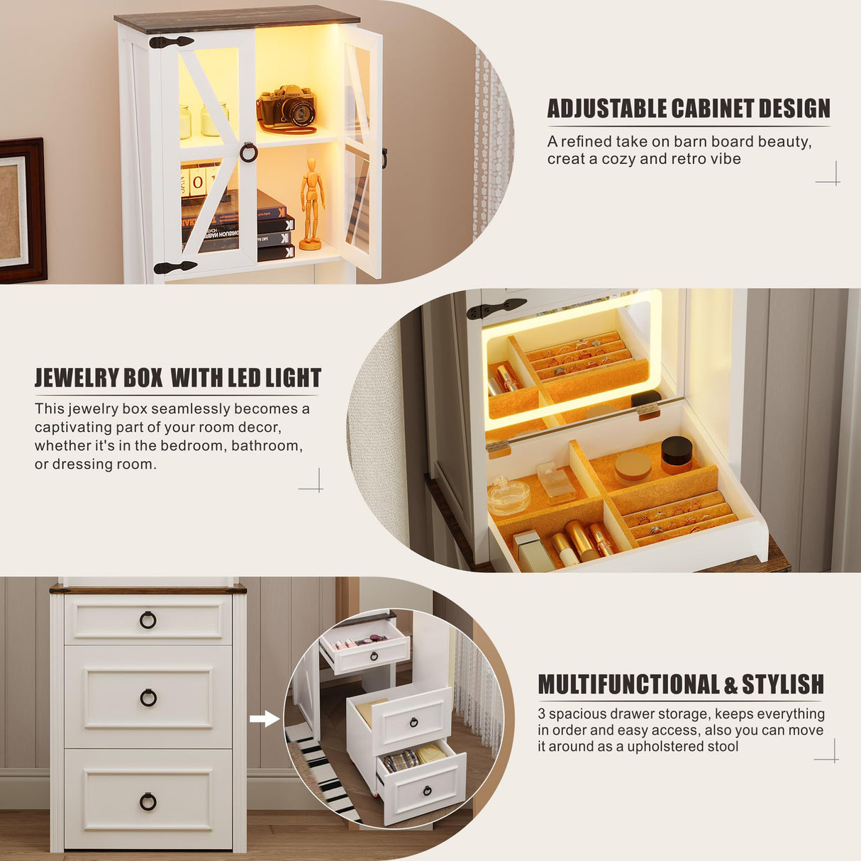 FREDEES Farmhouse Vanity Desk with Mirror,Small Makeup Vanity Set with Customizable Lighting,Compact Makeup Vanity with Hidden Storage and Comfortable Stool,Dressing Table for Bedroom,White FREDEES