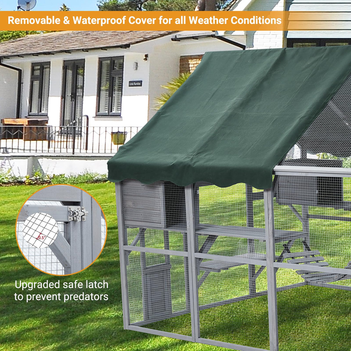 GarveeLife Large 3-Tier Outdoor Cat House, Small Animal Enclosure with 2 Lockable Cat Doors and a Walk in Door, Large Catio with Half Waterproof Cover, Portable Kitty House with Resting Boxes GarveeLife