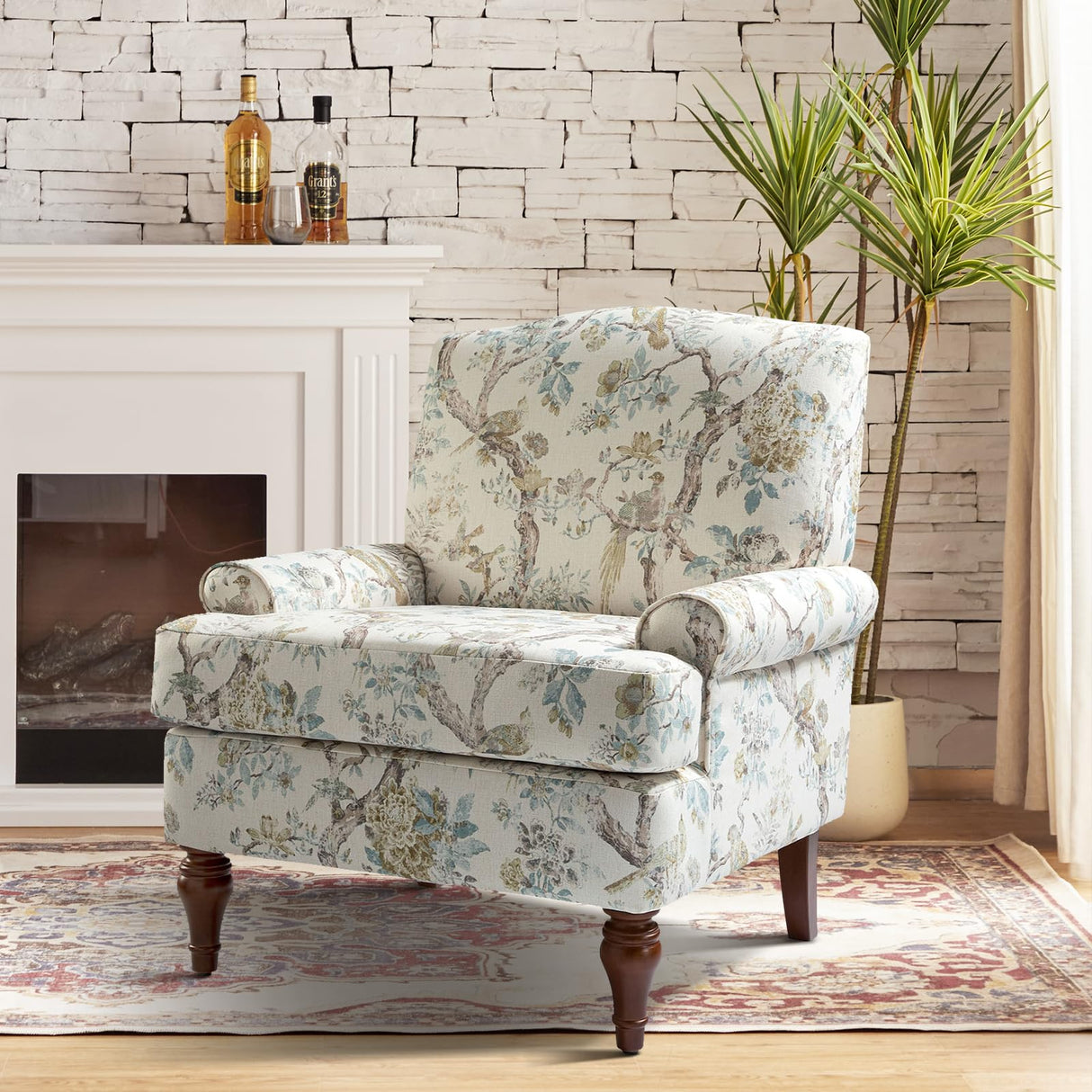 HULALA HOME Accent Chair with Solid Legs & Removable Cushion, Farmhouse Floral Comfy Upholstered Armchair, Leisure Single Sofa Chair for Living Room Bedroom HULALA HOME
