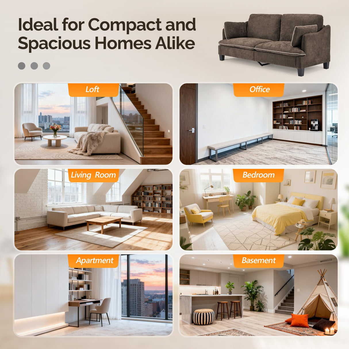 VINGLI 84" Oversized Comfy Two Seat Love Seat, 37" Extra Deep Seat Piping Design Loveseat Couch with Two Pillows, Linen Fabric Modern Small Sofa for Small Living Room, Bedroom, Brown VINGLI