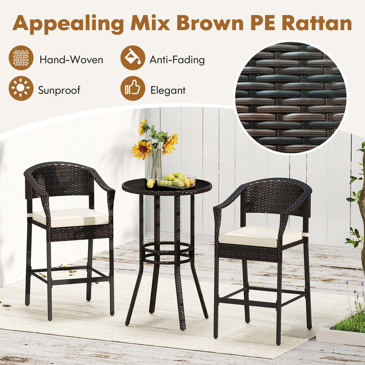 RELAX4LIFE 3-Piece Outdoor Bar Set - Patio Wicker Rattan Bar Height Barstools w/Cushions, Footrest, Round Glass Top Table, High Top Bistro Table & Chairs Set of 2 for Pool Porch Balcony (Brown-Beige) RELAX4LIFE
