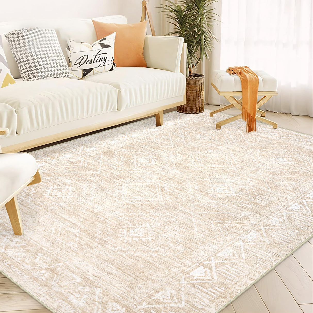 Moroccan Large Area Rug 5x7 - Soft Machine Washable Geometric Boho Distressed Farmhouse Rug Morden Stain Resistant Indoor Floor Carpet for Bedroom Dining Table Nursery Home Office (5 x 7, Beige) Aoyaomi