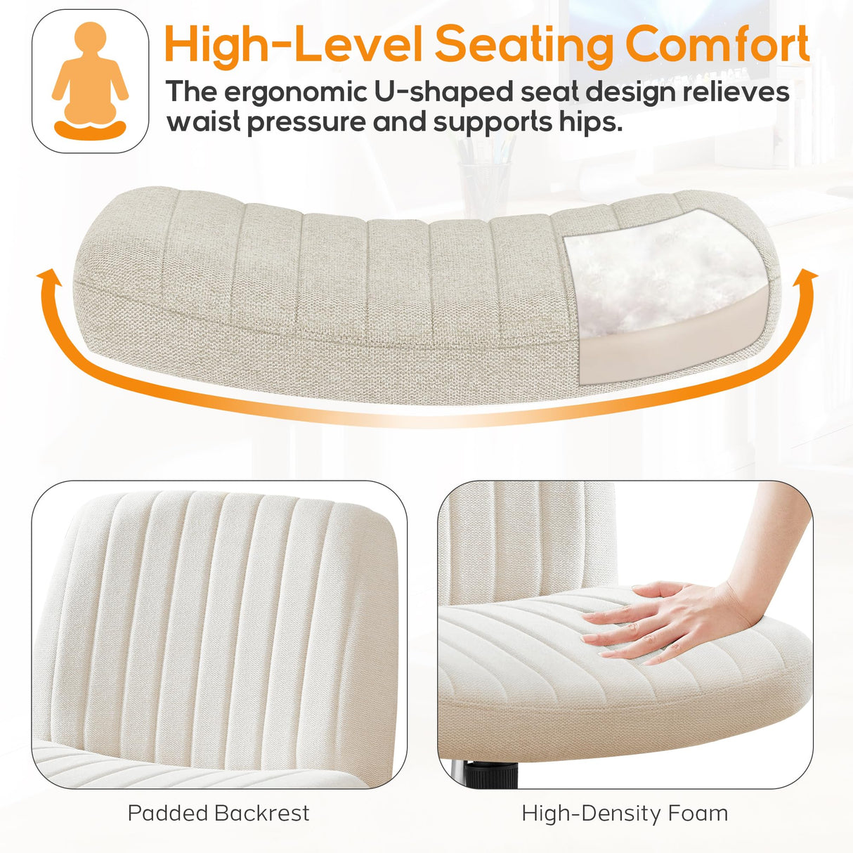 DUMOS Criss Cross Chair Legged Office Wide Comfy Desk Seat, No Wheels Armless Computer Task Seating, Swivel Vanity Home Height Adjustable DUMOS