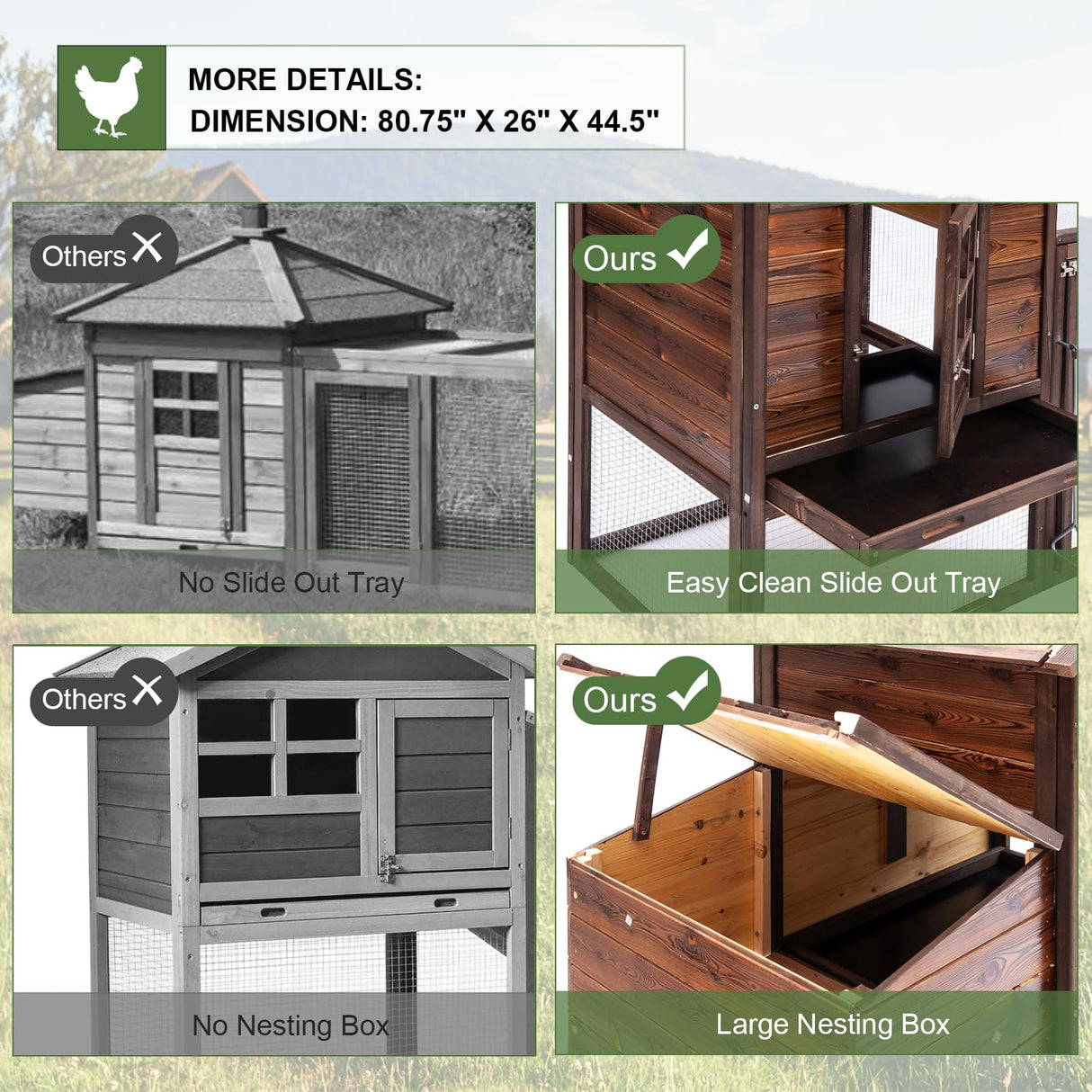 Wooden Chicken Coop Large Walk-in Outdoor Hen House with Nesting Box and Run,Poultry Cage Rabbit Hutch Waterproof UV Panel Cover for 2-4 Chickens 80''H Deep Brown #821 (80.75" L x 22" W x 44.5" H) Grezone