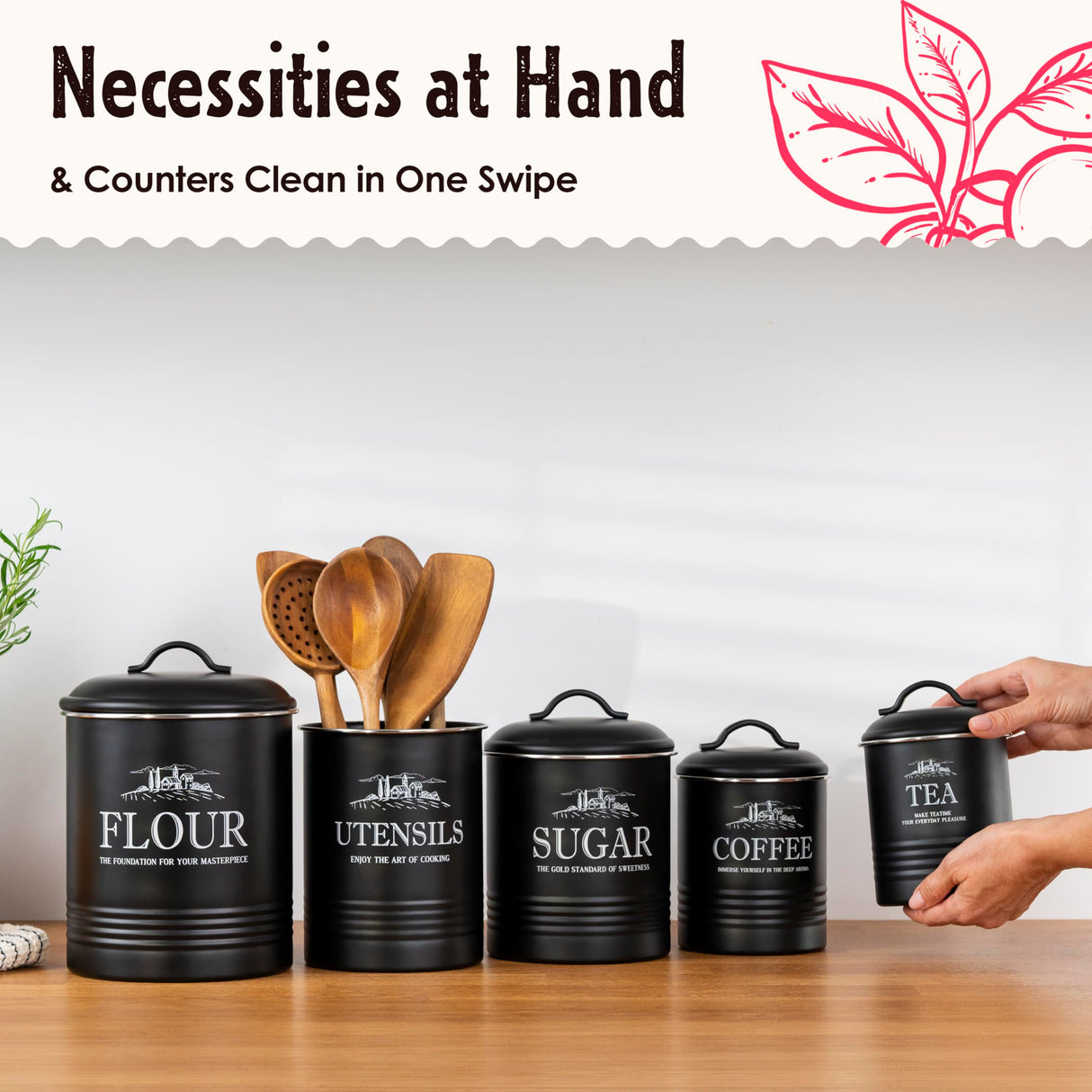 noonberry Canisters for Kitchen Counter, Set of 5 Black Containers, Airtight Coffee Tea Flour Sugar Canisters Sets for the Kitchen Countertop & Kitchen Utensil Holder noonberry