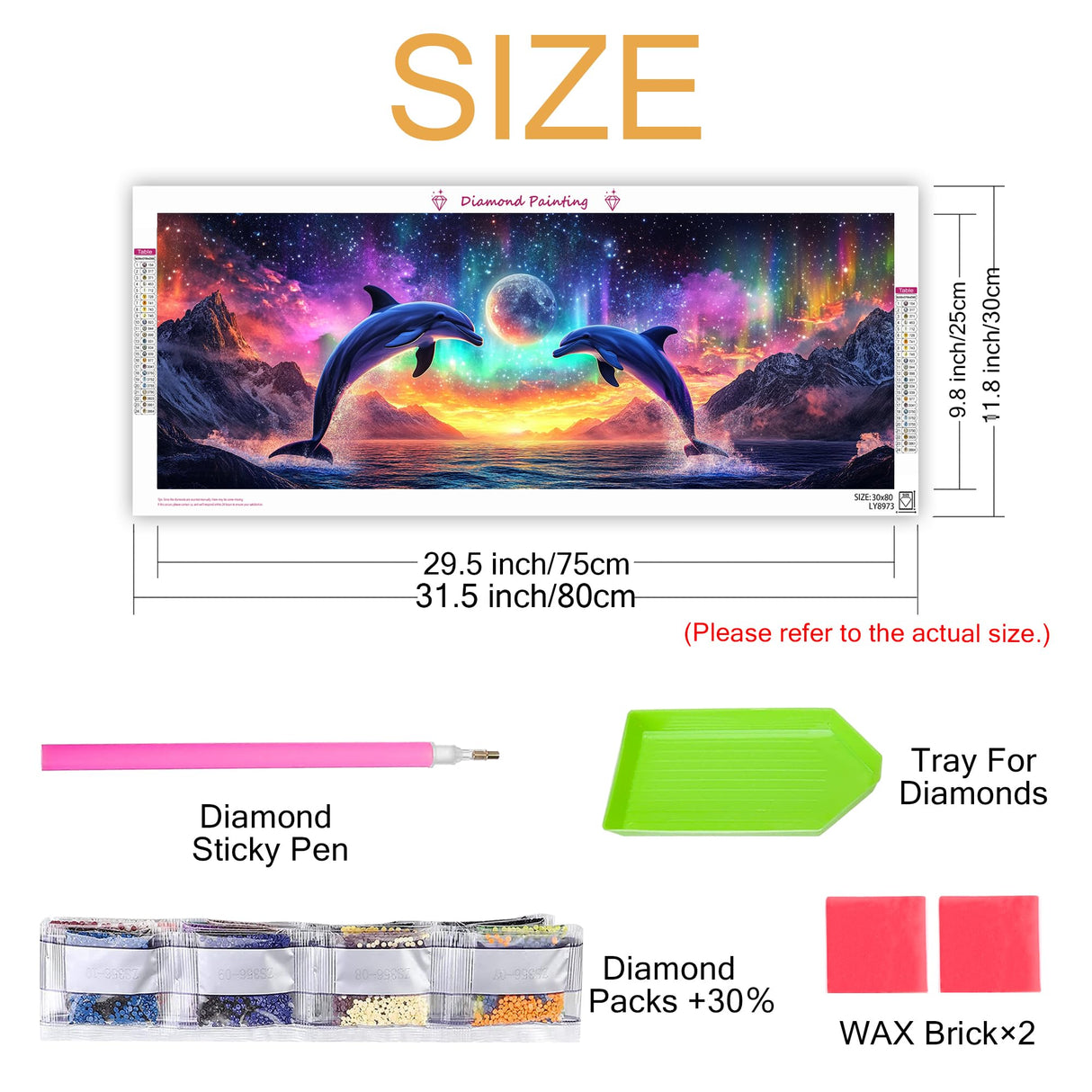 Zariocy 5D Large Diamond Art Kits for Adults Aurora Dolphins, Diamond Painting Art Scenery Round Full Drill Crystal Diamond Embroidery Paintings Arts Craft for Home Office Wall Decor 31.5x11.81 inch Zariocy