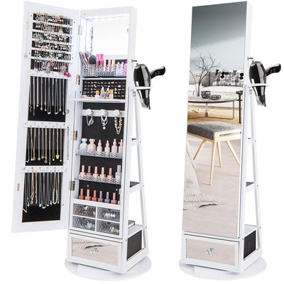 CHARMAID 360° Swivel Jewelry Cabinet Armoire 64.5" H, Full Length Mirror with Jewelry Storage, 6 LEDs Lockable Jewelry Organizer, Rear Storage Shelves, Large Drawer, Hairdryer Holder (White)