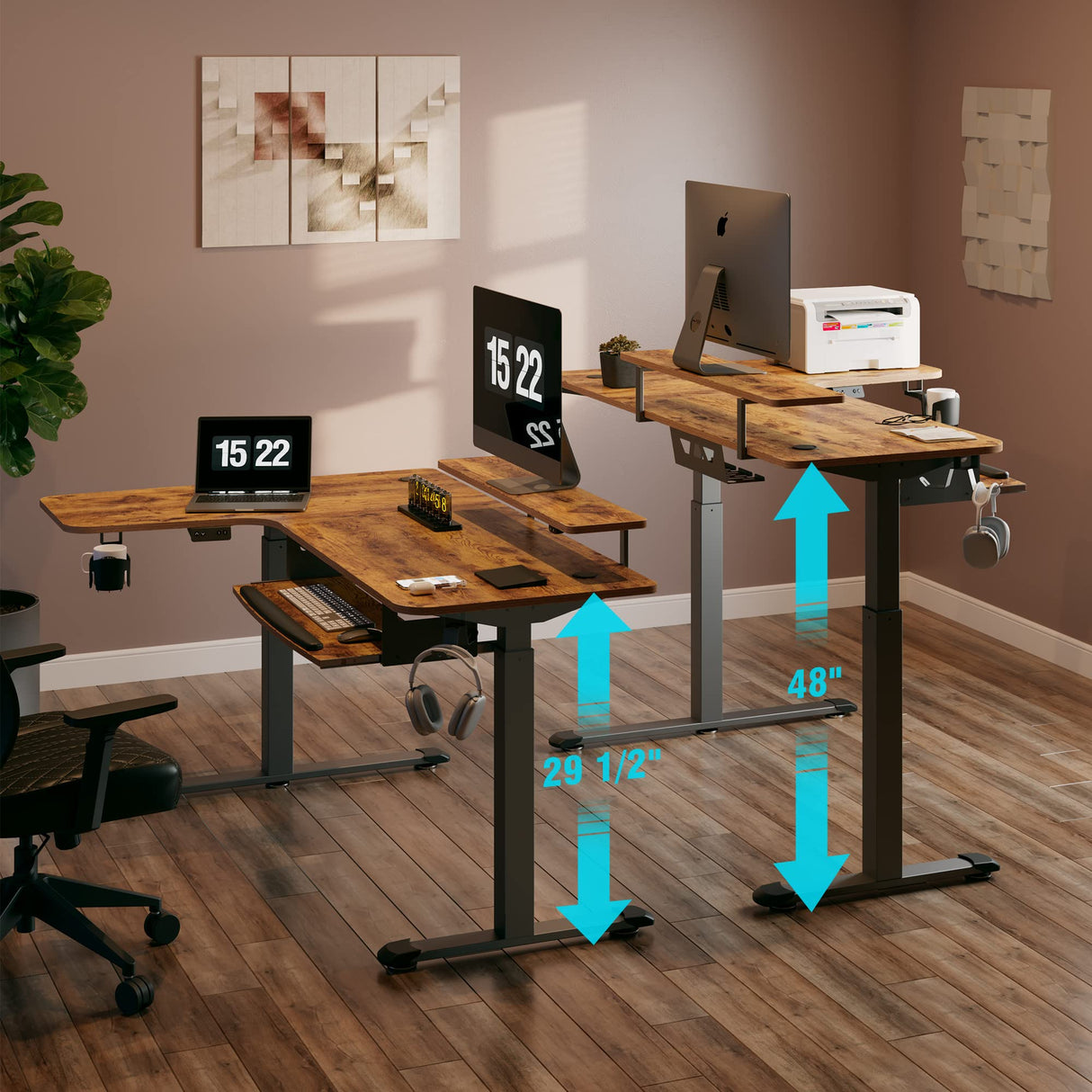 EUREKA ERGONOMIC Standing Desk with Keyboard Tray, Computer Desk, 61" L Shaped Electric Adjustable Height Desk w Monitor Stand LED, Corner Sit Stand Desk Gaming Desk, Dual Motor,Left/Rustic Brown EUREKA ERGONOMIC
