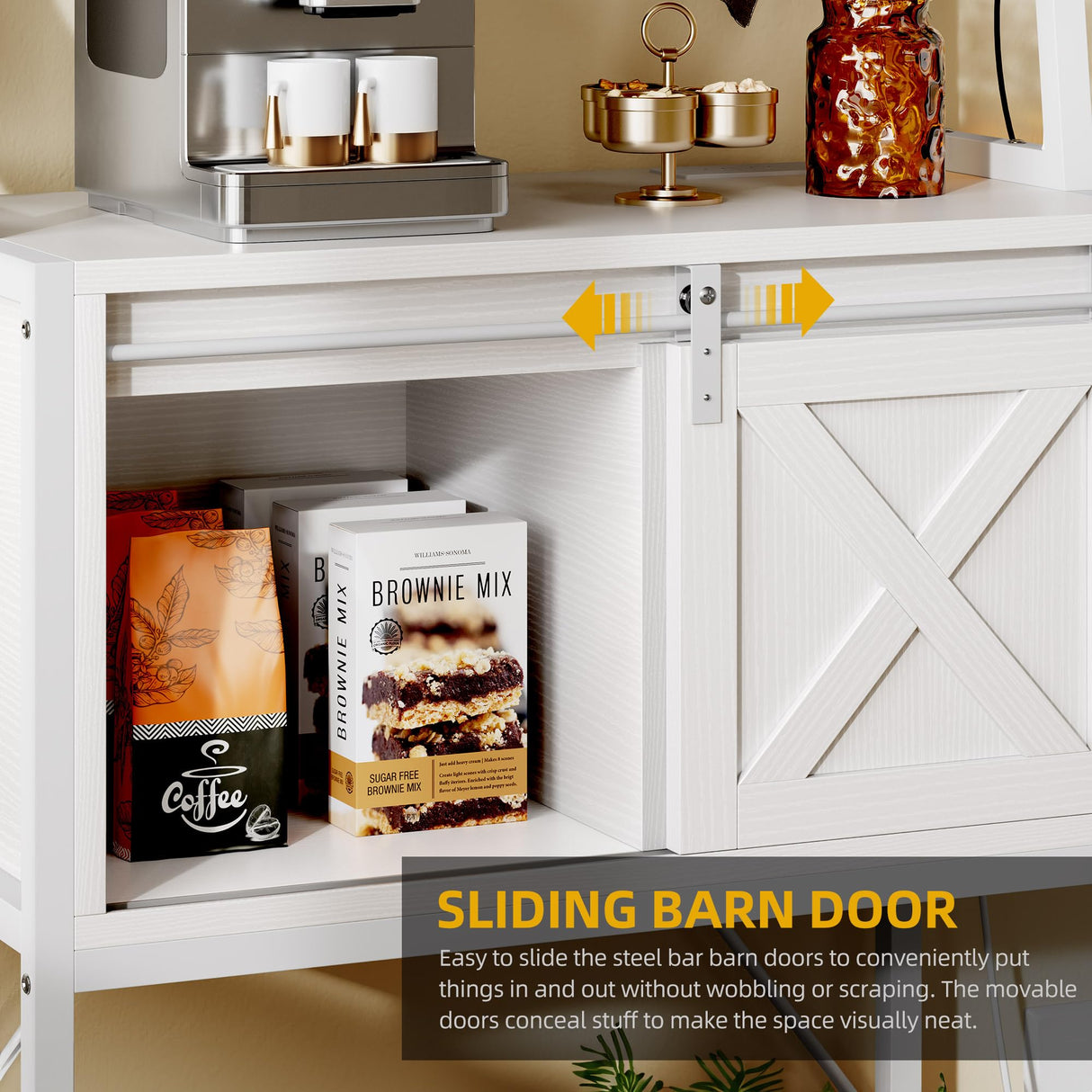 DWVO White Bakers Rack with Power Outlet, LED Light, and Sliding Storage Door - Farmhouse Kitchen Coffee Bar with 4-Tier Shelves and Hooks DWVO