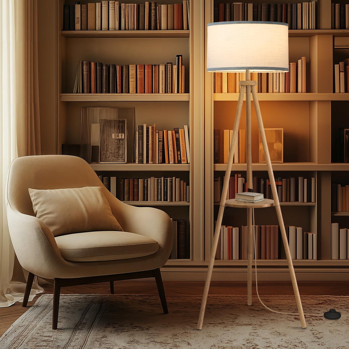 EOEYYOYB Floor Lamp with 3 Light Modes Adjustable– Wood Tripod Floor Lamp Modern LED Standing Lamp with Dimmable Brightness, Perfect for Living Room, Bedroom, and Office, Burlywood EOEYYOYB
