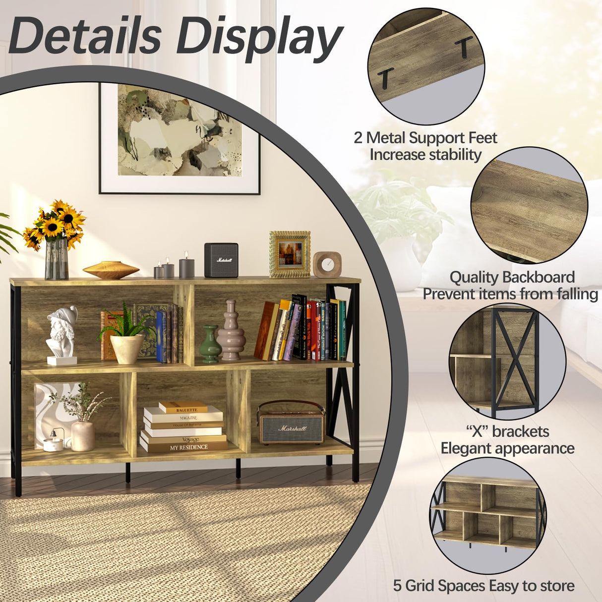 Horizontal Bookshelf,Industrial Modern 5 Cube Low Wide Cubby Bookcase,Long Wood and Metal Storage Organizer Open Shelf, Short Book Shelf Bedroom Storage for Home Office Living Room(Rustic Oak,5 Cube) Adompacat