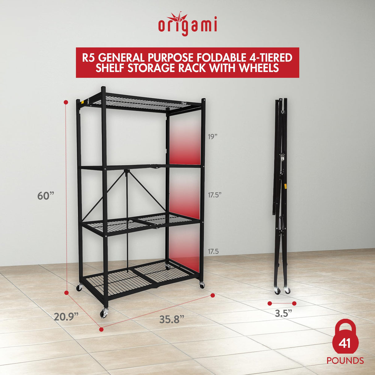 Origami R5 Foldable 4-Tier Garage Shelving Heavy Duty Shelving with Wheels, Metal Storage Rack Holds 1000 pounds, Garage Storage Rack & Organization, Storage Shelving (Black, R5 2-Pack) Origami