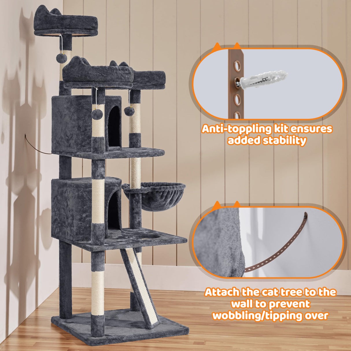 Yaheetech 68.5in Cat Tree Multi-Level Cat Tower with Large Cat Condo&Cozy Perches Stable Pet Play House w/Sisal-Covered Scratching Posts&Board for Indoor Cats, Dark Gray Yaheetech
