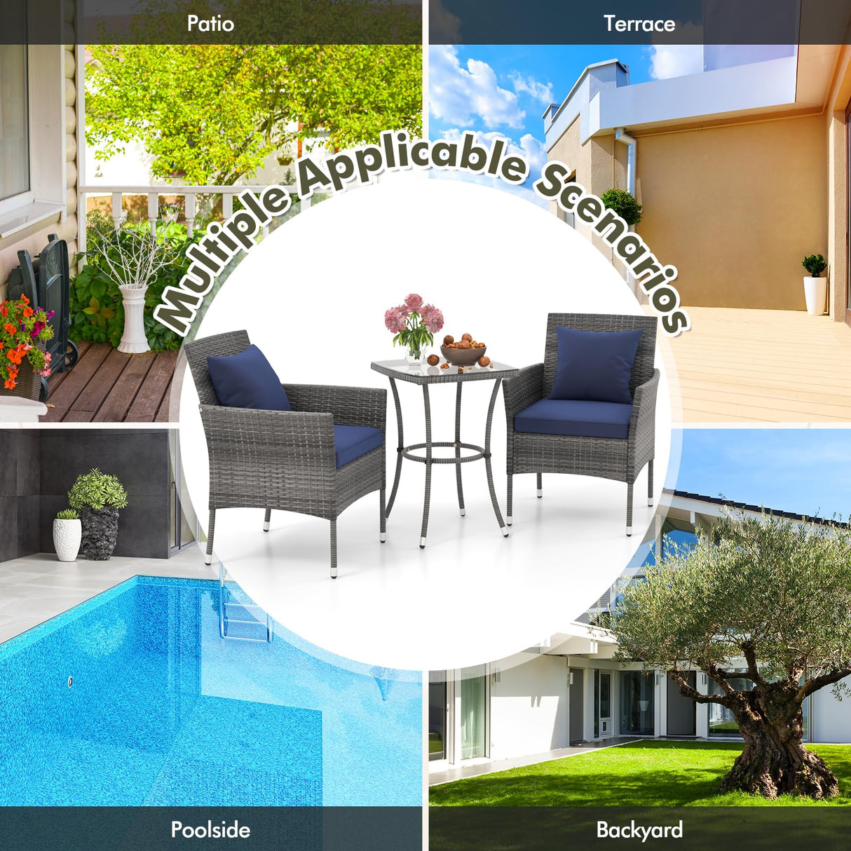 Tangkula 3-Piece Patio Furniture Set, PE Wicker Conversation Bistro Set w/A Tempered Glass Table & 2 Cushioned Chairs, Outdoor Table & Chairs Set for Patio Porch Yard Garden (Mix Gray+Navy) Tangkula