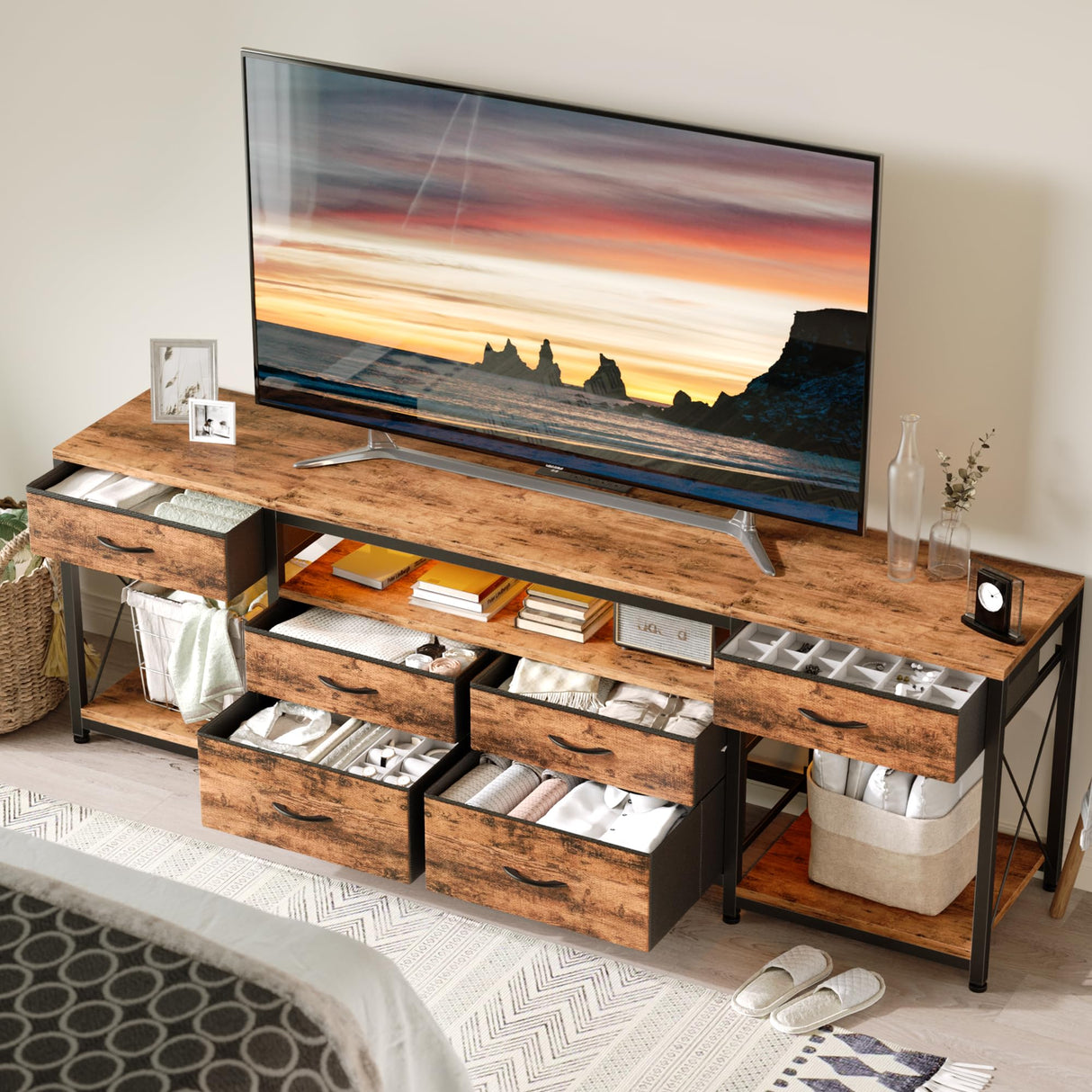 GYIIYUO LED TV Stand with 6 Fabric Drawers and Power Outlet for 65 70 75 Inch TVs, Entertainment Center with Open Storage Shelves, Dresser TV Stand for Bedroom/Living Room, Rustic Brown GYIIYUO