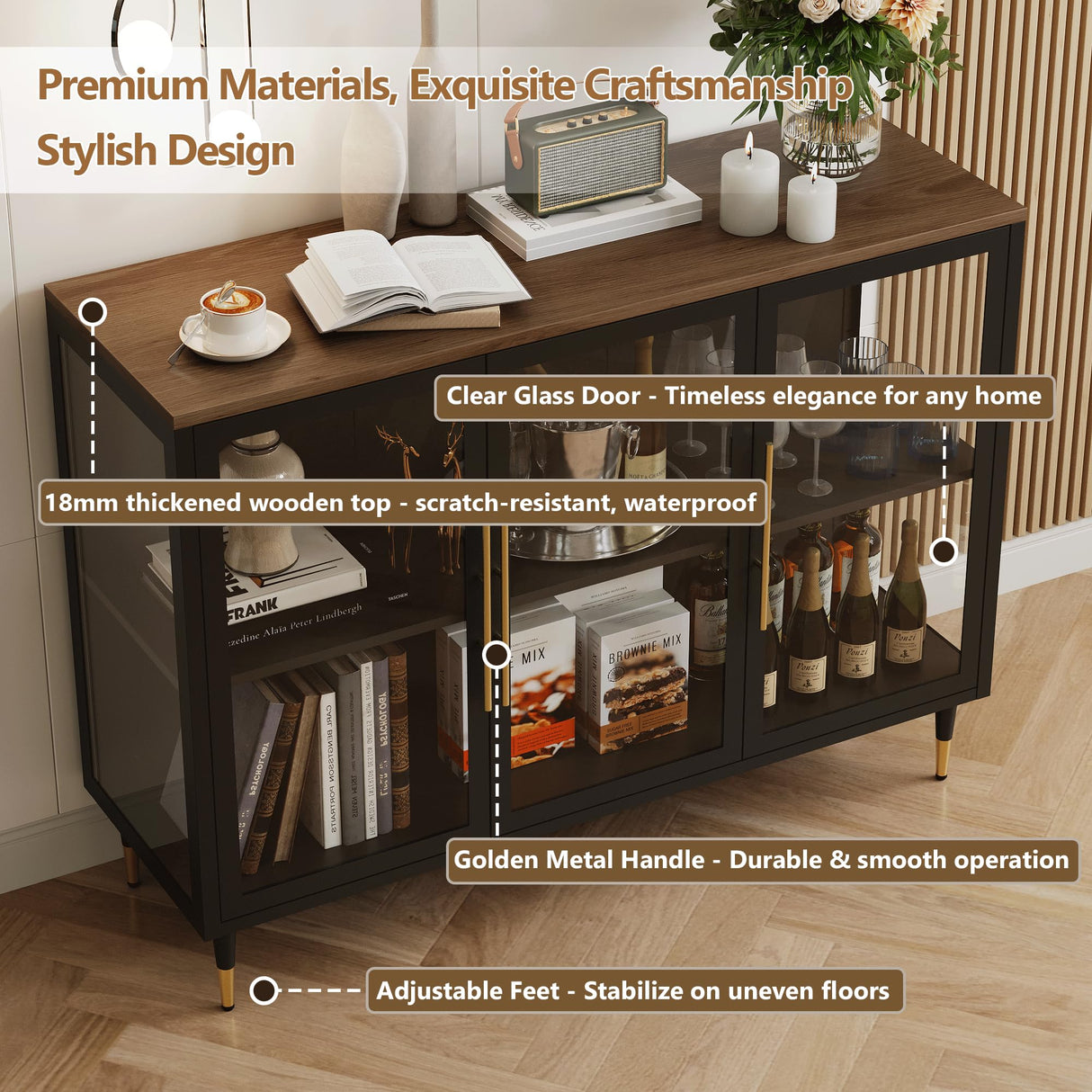 Foreate Glass Sideboard Buffet Cabinet with 13-Color Light, 47.2" Metal Wood Coffee Bar Cabinet with 3 Glass Doors & Adjustable Shelve, Modern Home Bar Credenzas for Home Kitchen Living Room, Black Foreate