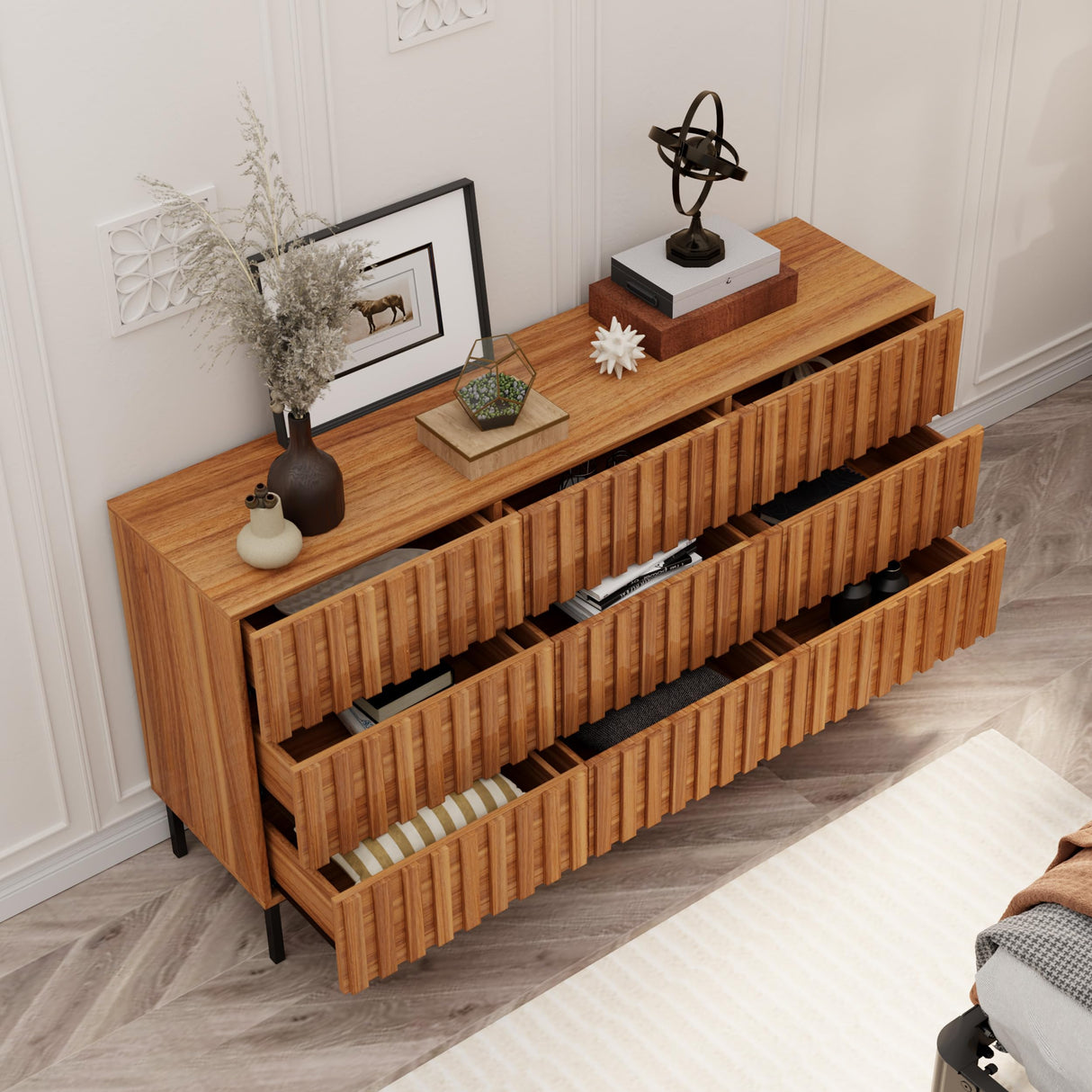 UEV 59" Fluted Dresser with 9 Drawers, 9 Drawer Dressers for Bedroom, Mid Century Modern Fluted Dresser, Long Chest of Drawers TV Stand for Living Room, Hallway (Natural Wood) UEV