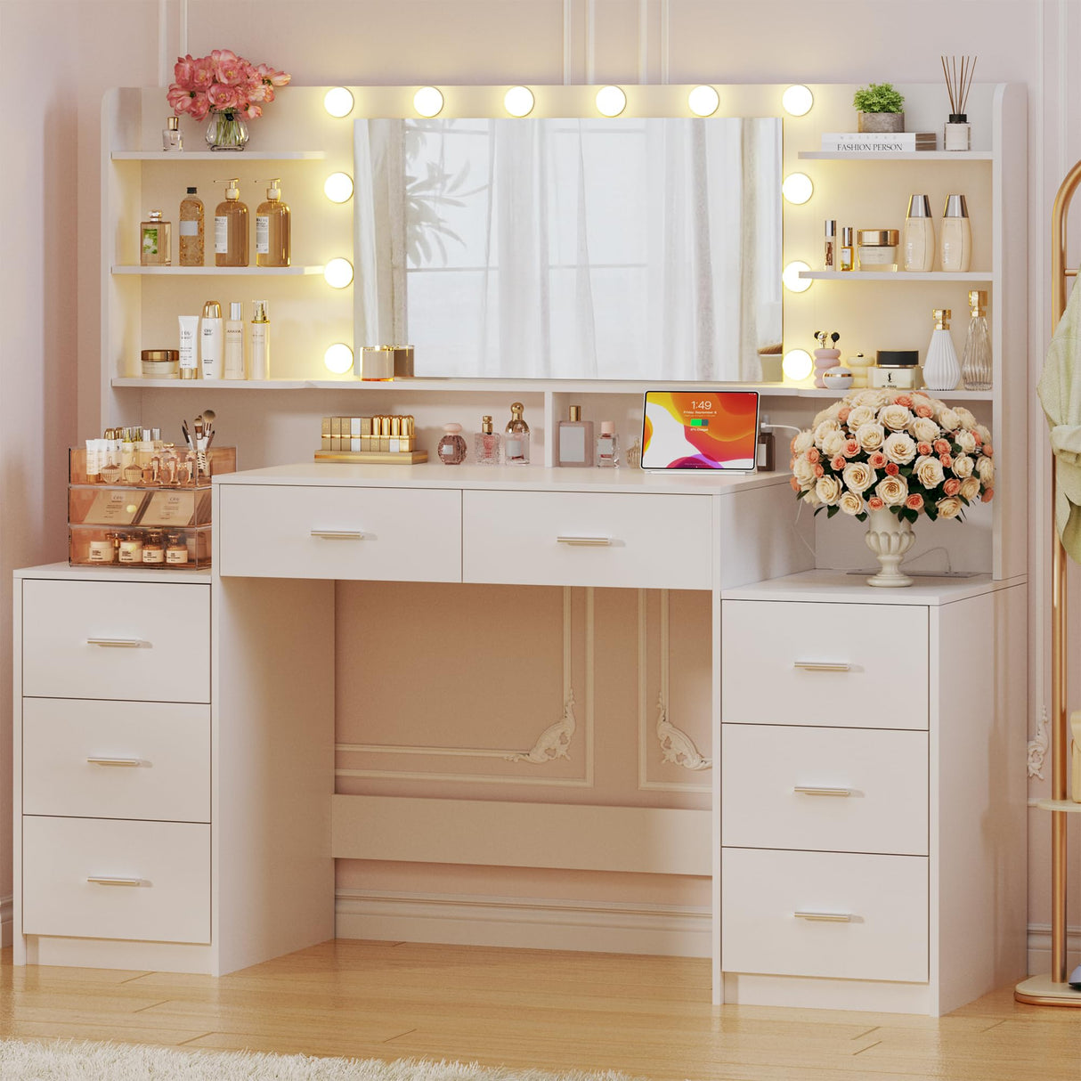 HUAHUU Large Vanity Desk with Mirror & Lights, White Makeup Vanity with 8 Drawers & 6 Storage Shelves, Vanity Set with LED Lights and Power Outlet, 3 Lighting Modes, Adjustable Brightness HUAHUU