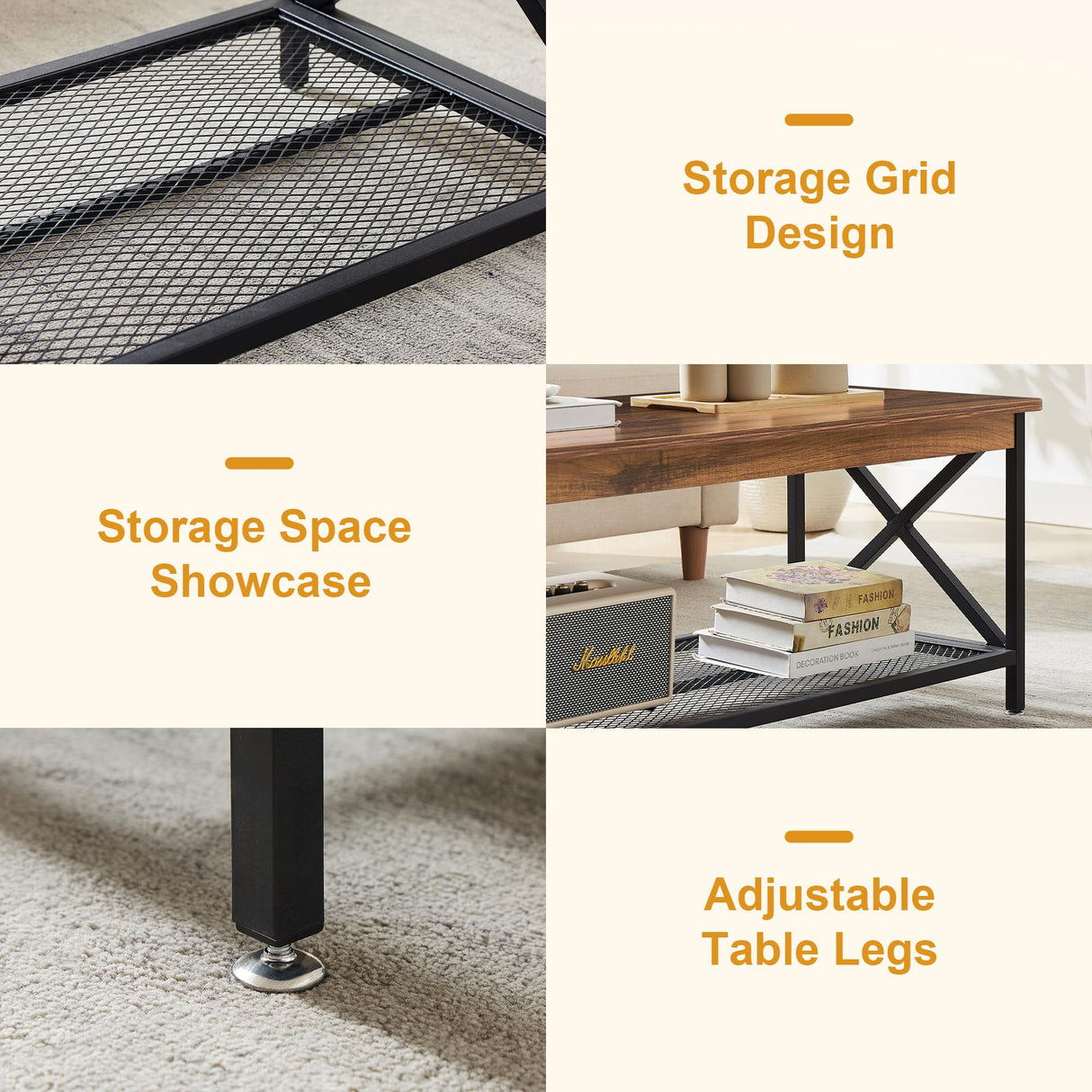 VECELO Coffee Table with 2-Tier Storage Shelf X-Frame for Living Room, Office Industrial Style,Easy Assembly, 39 inch Classic Brown