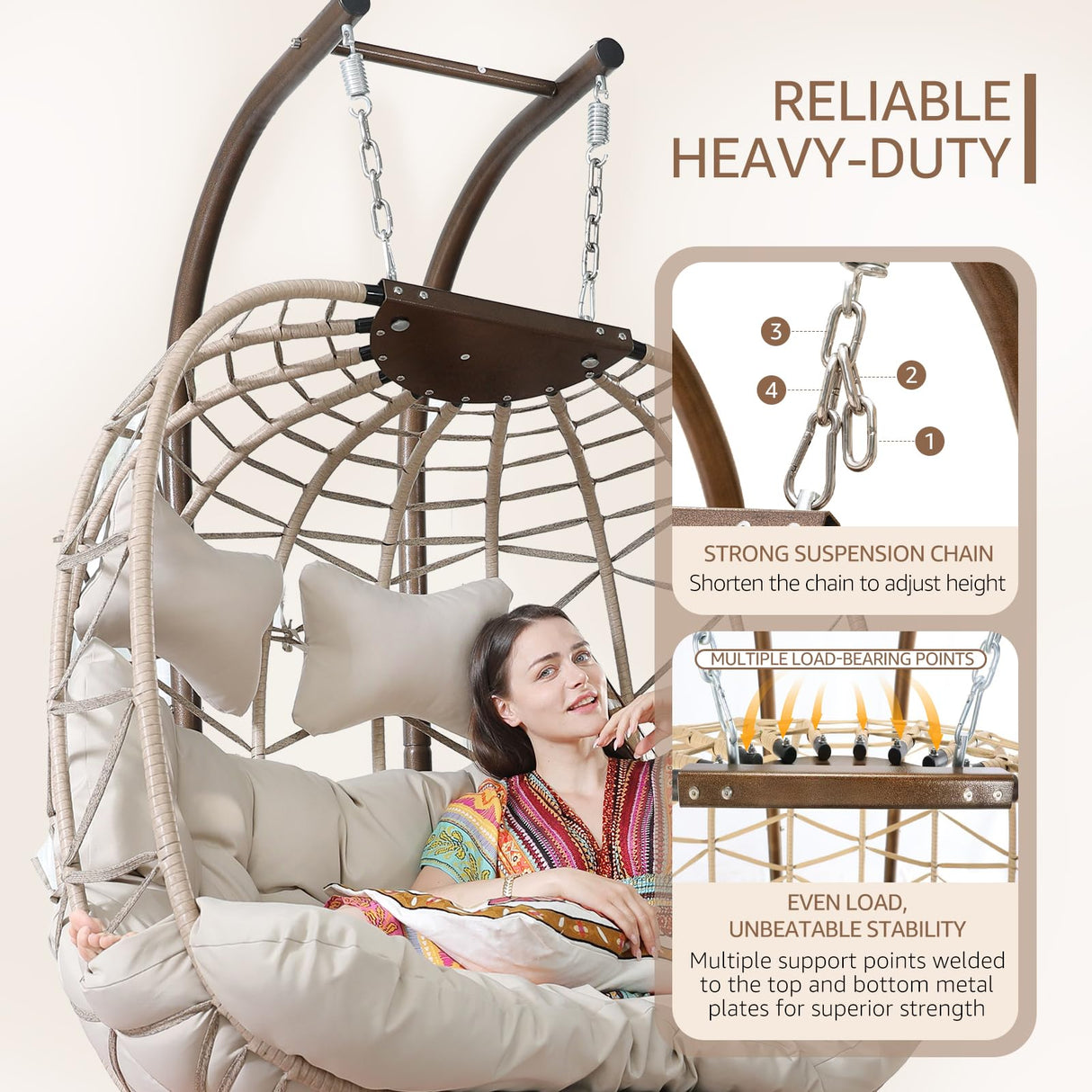 NICESOUL Double Swing Egg Chair with Stand, Extra Large 2 Person Indoor Outdoor Wicker Loveseat, Oversized Patio Hanging Basket Chair with Cushions, 700Lbs Sturdy Porch Swing for Backyard, Beige NICESOUL