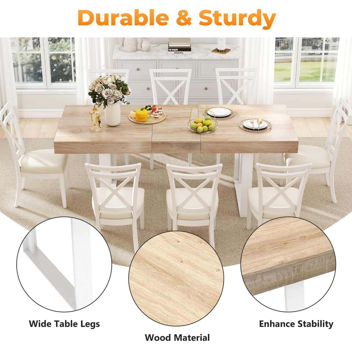 Zevemomo 63"-78.7" Expandable Dining Table, 6-10 Farmhouse Kitchen Table, Extendable Dining Table, Rectangular Kitchen Table with Metal Track, Tapered U-Shaped Legs for Dining Room, Office-Oak Zevemomo