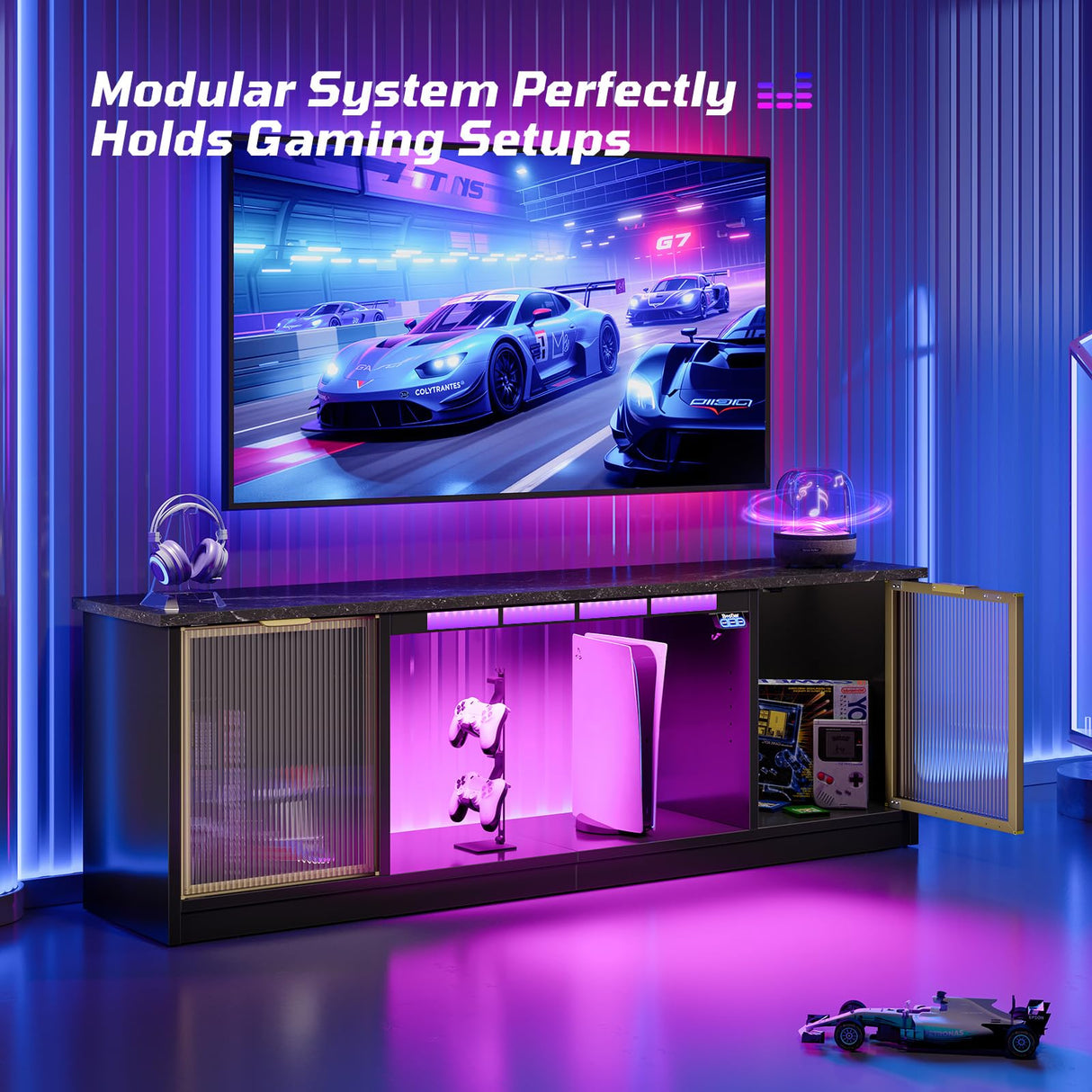 Bestier Gaming TV Stand with Music Sync Light, Flow Vibe Entertainment Center with Storage for PS5 Xbox, RGB LED Party Modes Television Stands for 50/55/60/65 inch TV (Black Marble, 57 inch) Bestier