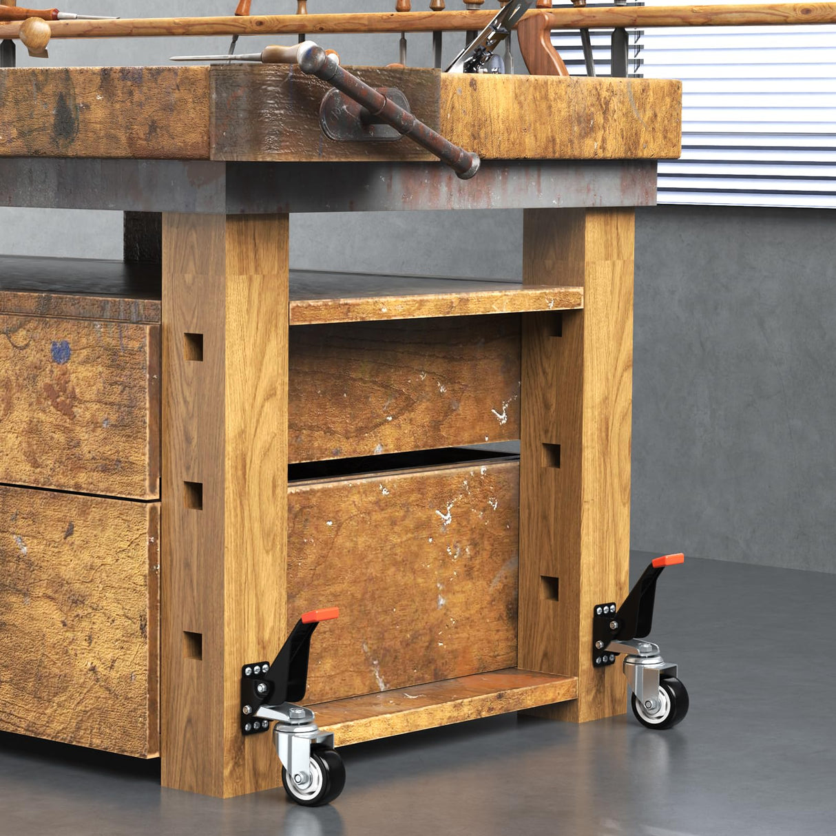 SPACEKEEPER Workbench Casters Kit 880 Lbs - 3 Inch Heavy Duty Retractable Caster Designed for Workbenches Machinery & Tables, 4 Pack SPACEKEEPER