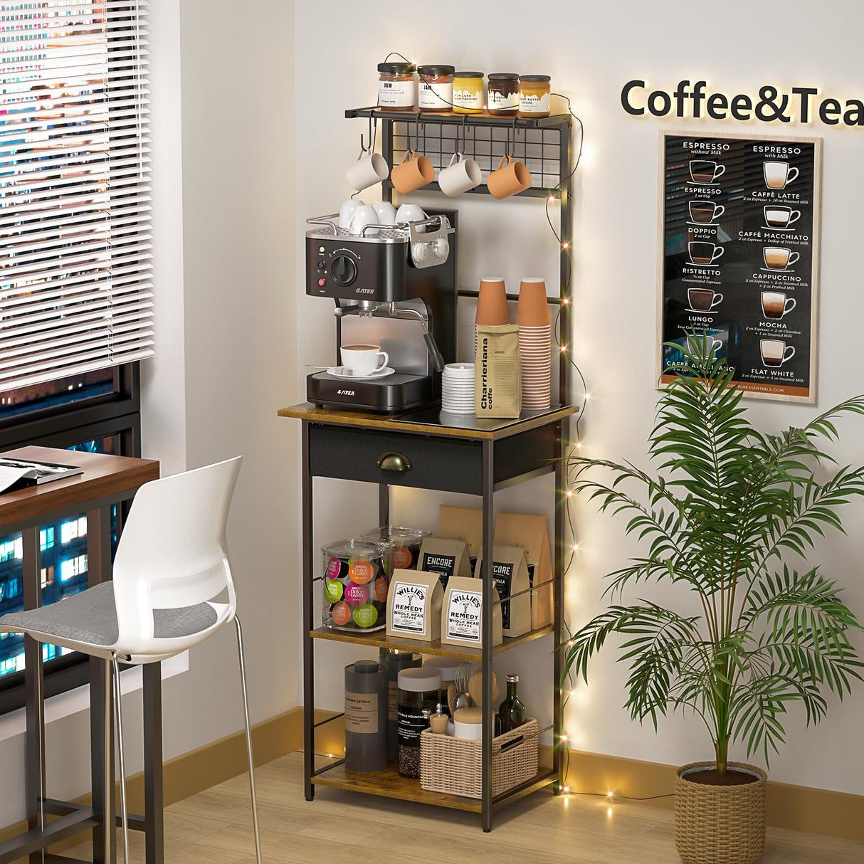 5 Tier Coffee Bar Station with Drawer, Coffee Stand with 4 S-Shaped Hooks, Farmhouse Corner Coffee Bar Cabinet for Small Spaces, Bakers Rack for Kitchen, Living Room, 13.43"D x 18.93"W x 53.31"H DAOUTIME