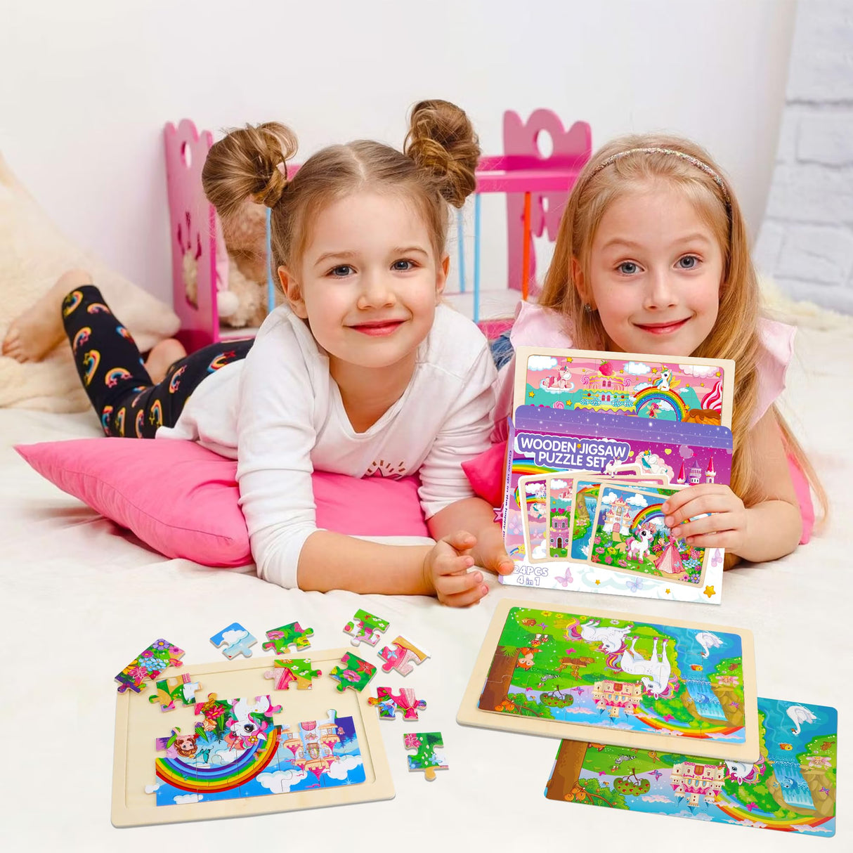 Puzzles for Kids Ages 4-6,Unicorn Princess Wooden Jigsaw Puzzles 4 Packs Puzzles for Kids Ages 3-5,24 Pcs Educational Preschool Toddler Puzzle,Unicorn Toys Gifts for 3 4 5 6 Years Old Girls Boys Sticeard