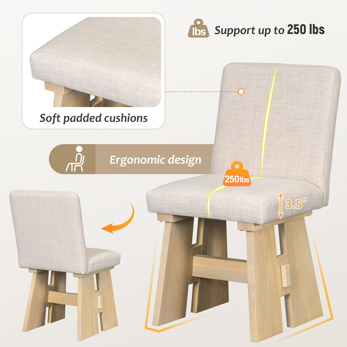 THINK 30 Modern 7-Piece Dining Table Set with 6 Upholstered Dining Chairs, Natural THINK 30