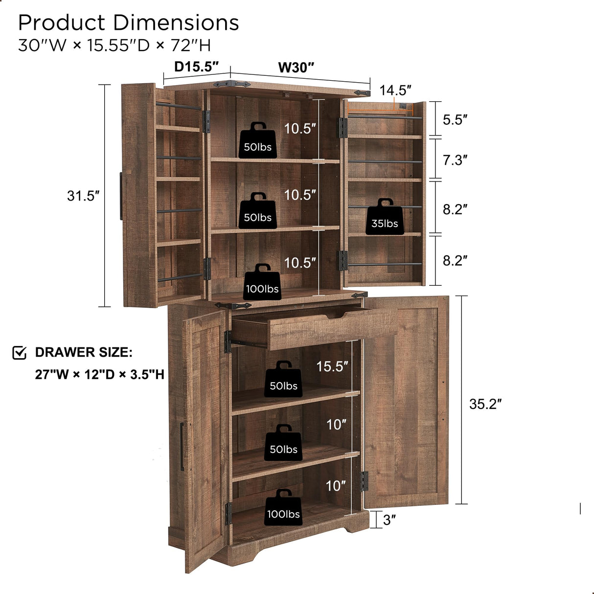 JXQTLINGMU 72" Tall Storage Cabinet, Farmhouse Pantry Cabinet with Door Shelves, Drawer and Magnetic Catches, Rustic Wood Organizer for Kitchen, Bathroom, Living Room, Rustic Brown JXQTLINGMU