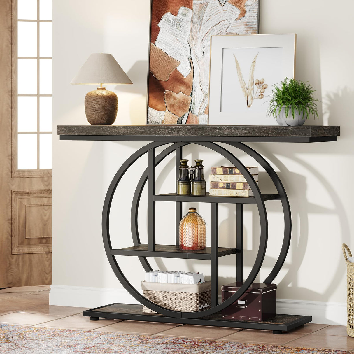 Tribesigns 41.3" Console Table, Industrial 4-Tier Sofa Table Entryway Table with Circle Base, Narrow Wood Accent Tables with Storage Shelves for Living Room, Hallway, Foyer, Black Tribesigns