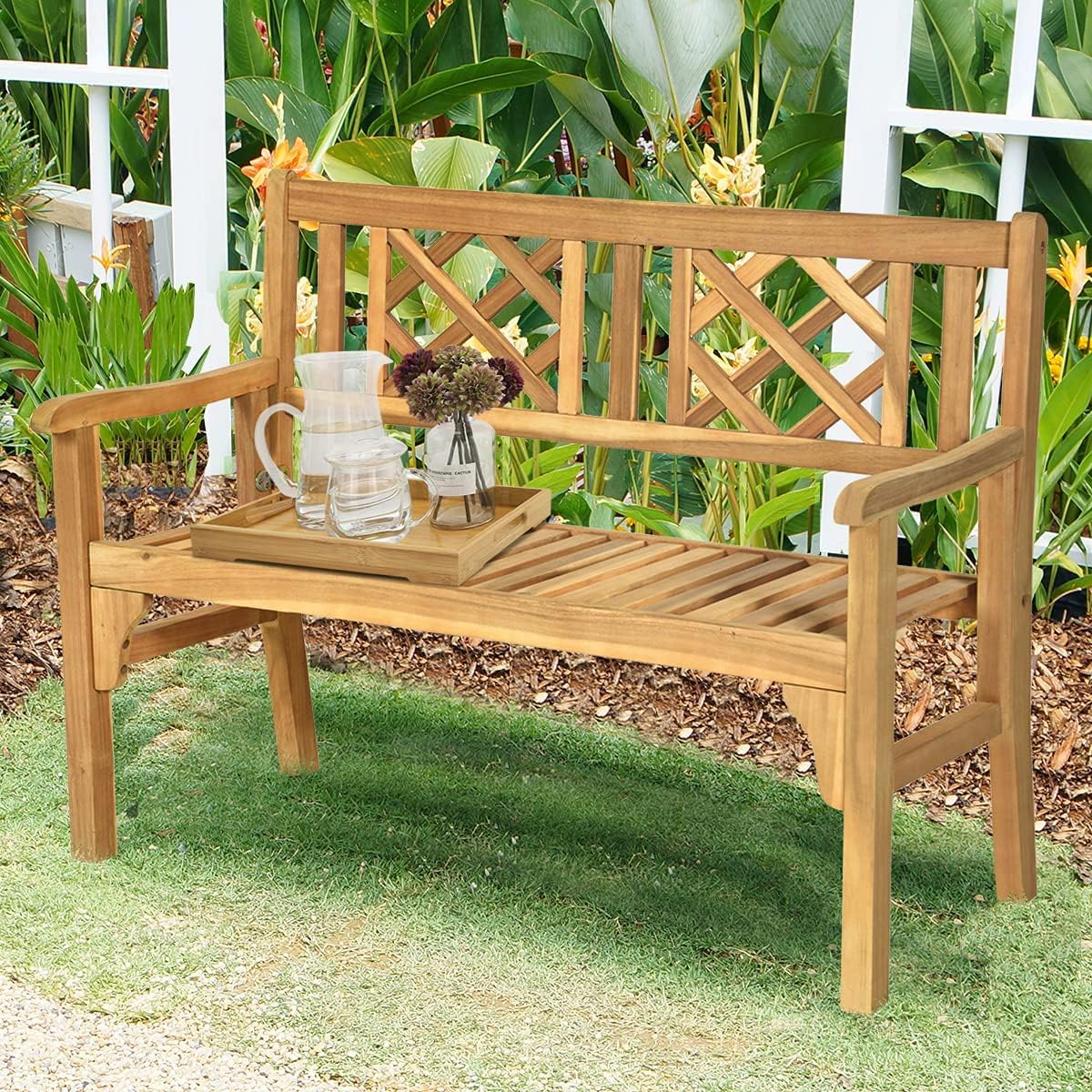 SPORFIT Rustic Garden Bench, Foldable Outdoor Bench with High Back & Armrest, 4 FT Acacia Wood Bench, 2-Person Loveseat Chair for Front Porch, Patio, Backyard & Park, Light Teak Finish SPORFIT