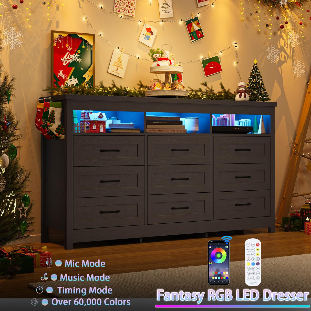 Hlivelood Farmhouse 9 Drawer Dresser with LED Lights, 63" Wide Large Chest of Drawers for Bedroom, Modern Wood Dresser Storage Organizer with Charging Station for Living Room, Bedroom, Hallway, Black Hlivelood