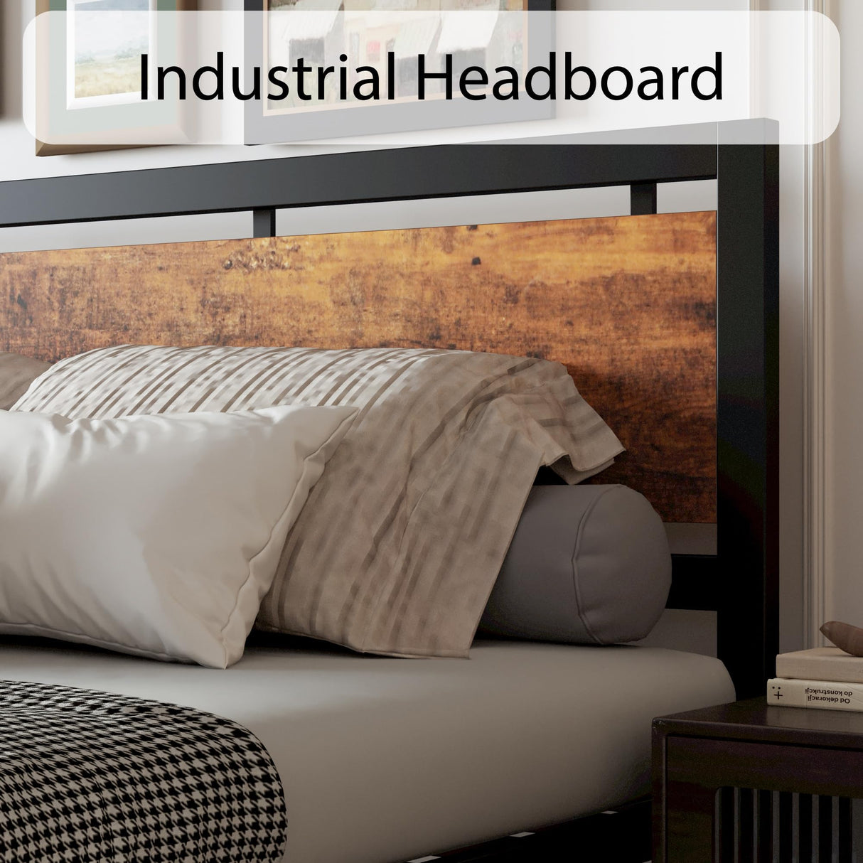 LIKIMIO Industrial King Bed Frame with Vintage Wood Headboard and 12 Strong Metal Legs - Easy Assembly, No Box Spring Needed LIKIMIO
