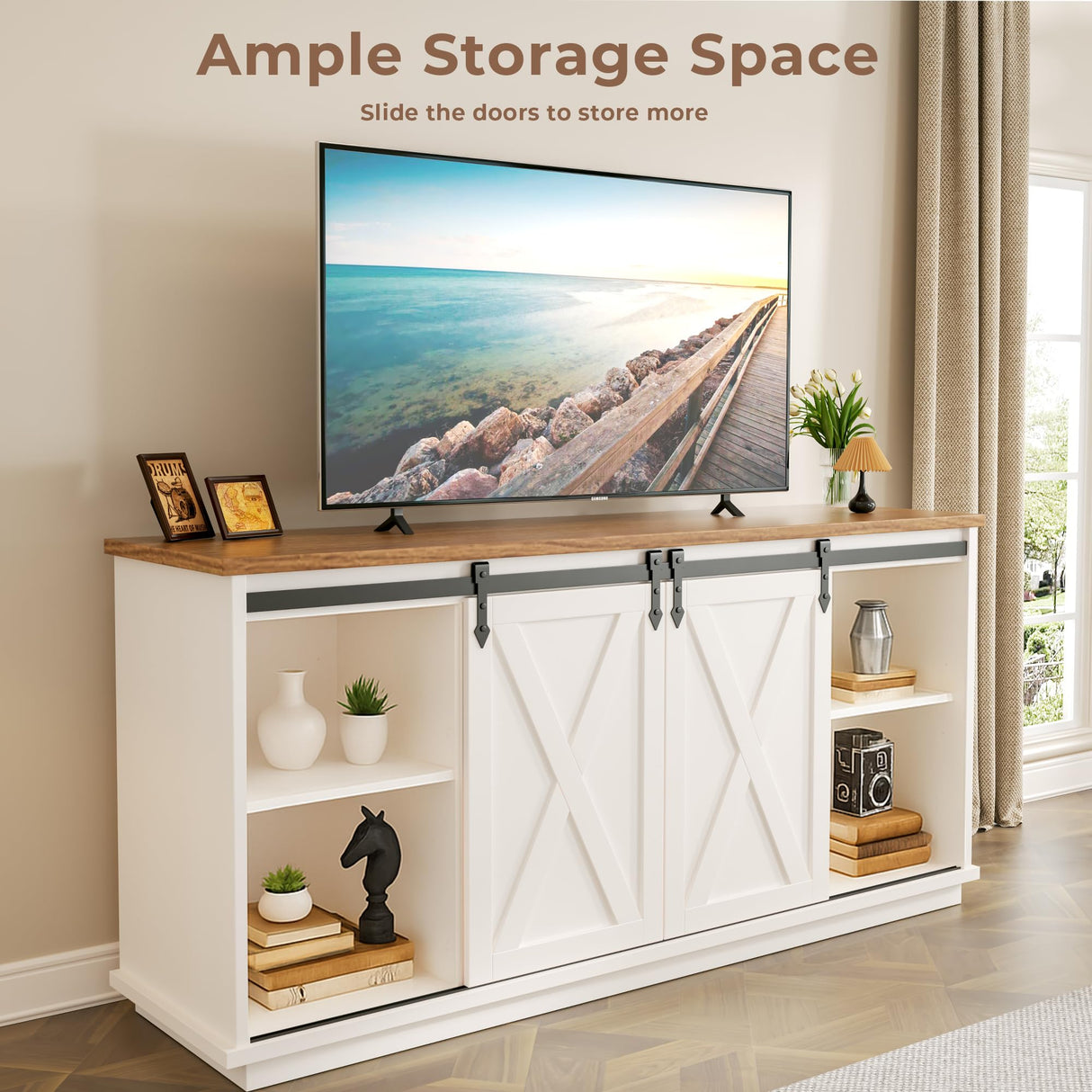 GRUSIGN TV Stand for Televisions up to 65’’, Entertainment Center with Storage Cabinets and Sliding Barn Doors, Media TV Consoles for Living Room, Bedroom, White GRUSIGN