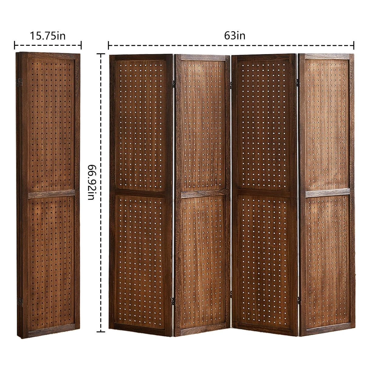 Leesinwing 4 Panel Room Dividers and Folding Privacy Screens, 5.6Ft Wooden Pegboard Display, Privacy Dividers for Bedroom, Portable Dispxlay Board Organizer for Store, Jewelry Display, Dark Brown Leesinwing