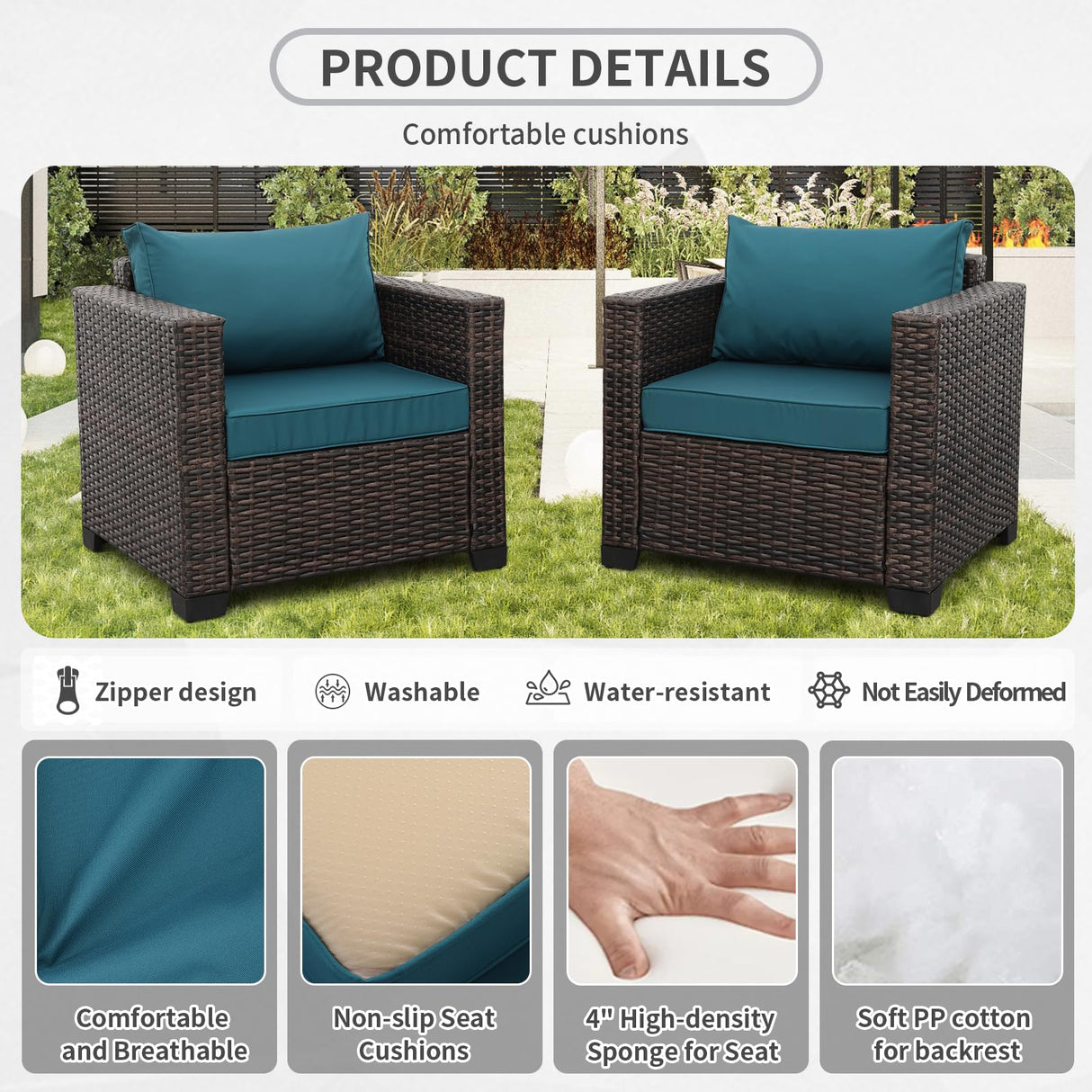 Valita 6 PCS Patio Furniture Set Outdoor Sectional Wicker Conversation Couch Brown Rattan Sofa Chairs with Ottoman Storage Table and Anti-Slip Cushions(Peacock Blue) Valita
