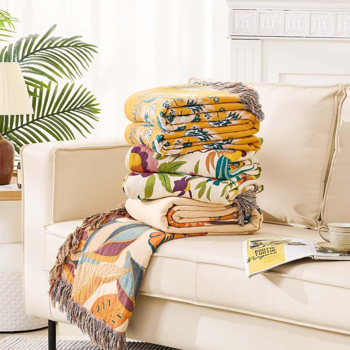 XIBLC Boho Throw Blanket for Bed, 100% Cotton Soft Rustic Quilt Fall Blanket, 60"x80" Floral Printed Farmhouse Decor Bed Blankets, All Season Rustic Reversible Bohemian Throw Quilt XIBLC