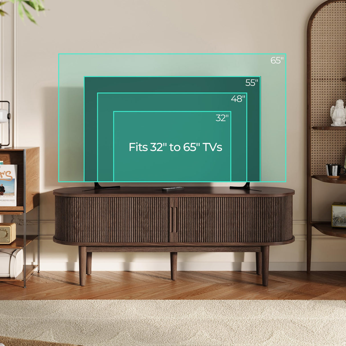 LINSY HOME TV Stand for 65" TV, Mid-Century Modern 58" Entertainment Center with Sliding Tambour Door and Storage Cabinet, Cruved TV Media Console Table for Living Room, Bedroom, Walnut LINSY HOME