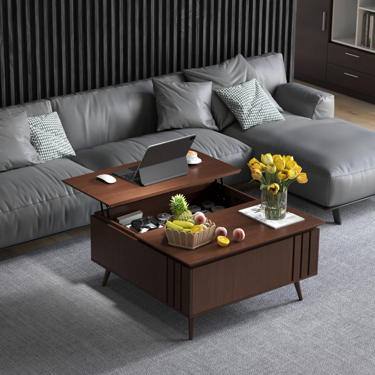 JOINICE,Lift Top Coffee Table with Storage,Mid Century Modern Square Coffee Table,Walnut Wood Coffee Table,Multi-Functional Coffee Tables for Living Room,Convenient for Eating,Gaming,or Working JOINICE